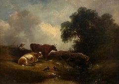 Fine Mid 19th century Victorian Oil Painting Cattle Watering from Woodland Pool