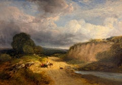 Beaux personnages victoriens britanniques peints à l'huile représentant un paysage pastoral fluvial sous un ciel spectaculaire
