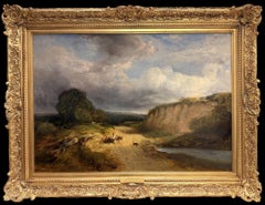 Beaux personnages victoriens britanniques peints à l'huile représentant un paysage pastoral fluvial sous un ciel spectaculaire
