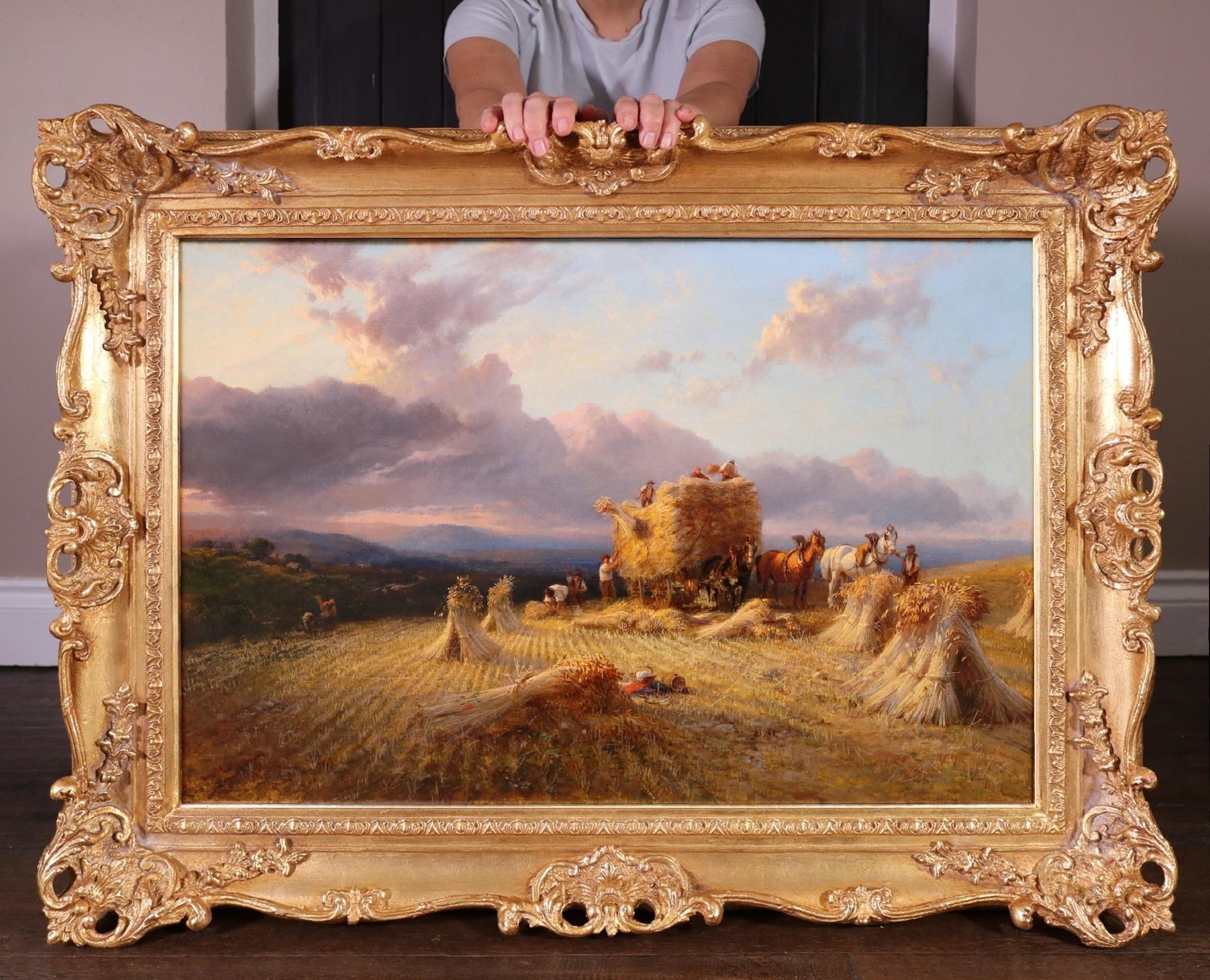 Raccolta nel Surrey - Grande dipinto a olio del XIX secolo - Paesaggio inglese al tramonto - Painting di George Cole
