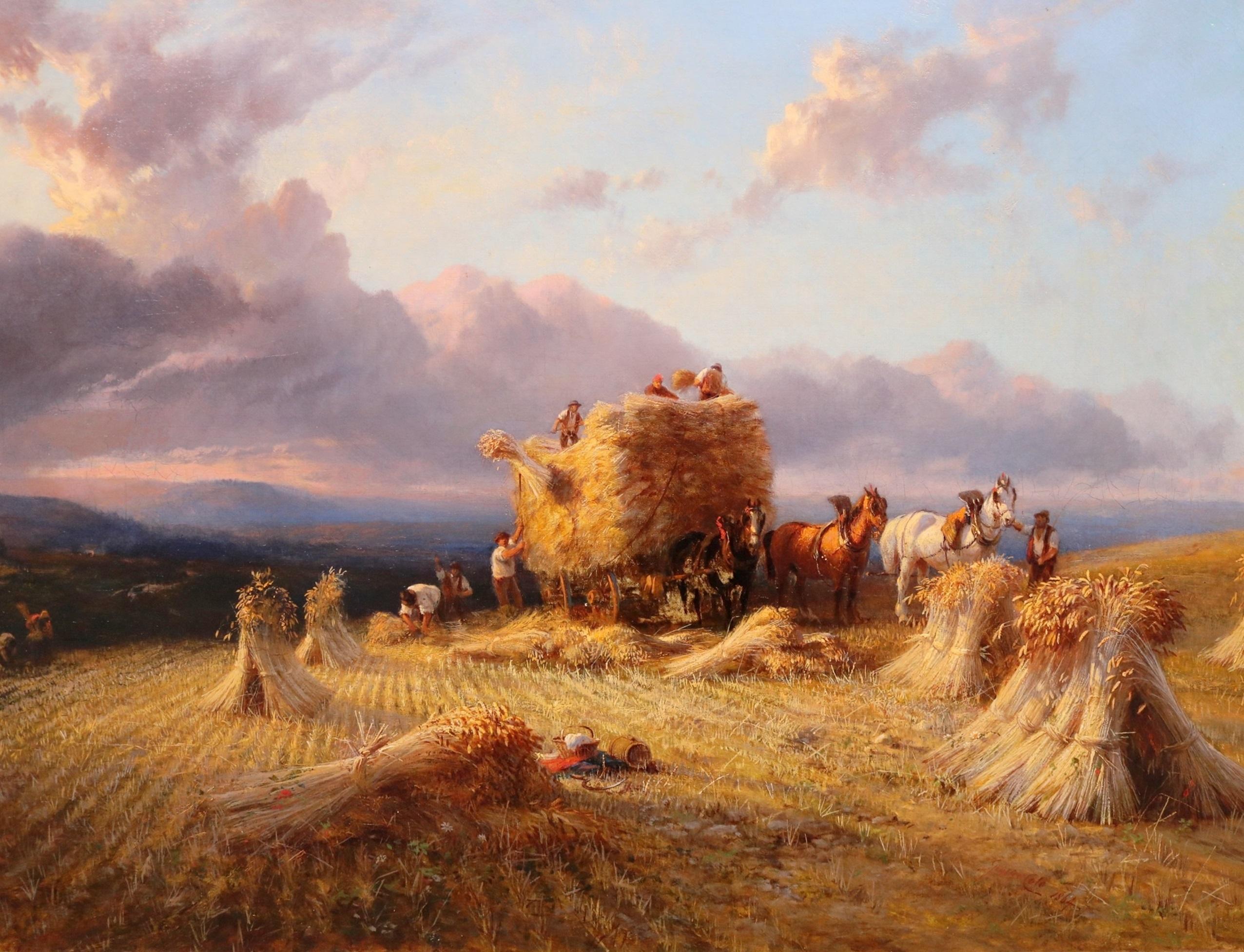 Harvesting in Surrey - Large 19th Century Oil Painting English Sunset Landscape  2