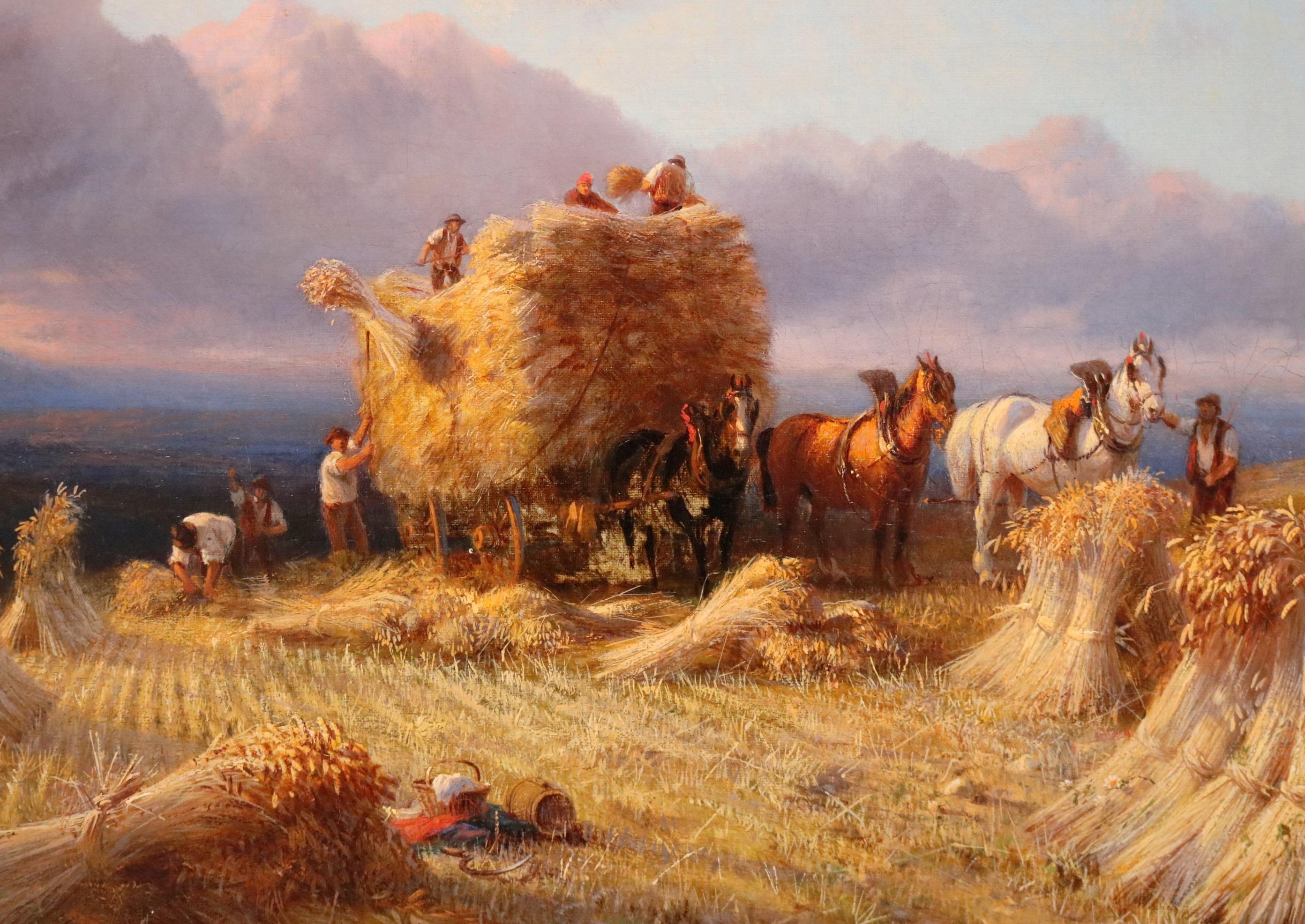 Raccolta nel Surrey - Grande dipinto a olio del XIX secolo - Paesaggio inglese al tramonto 3