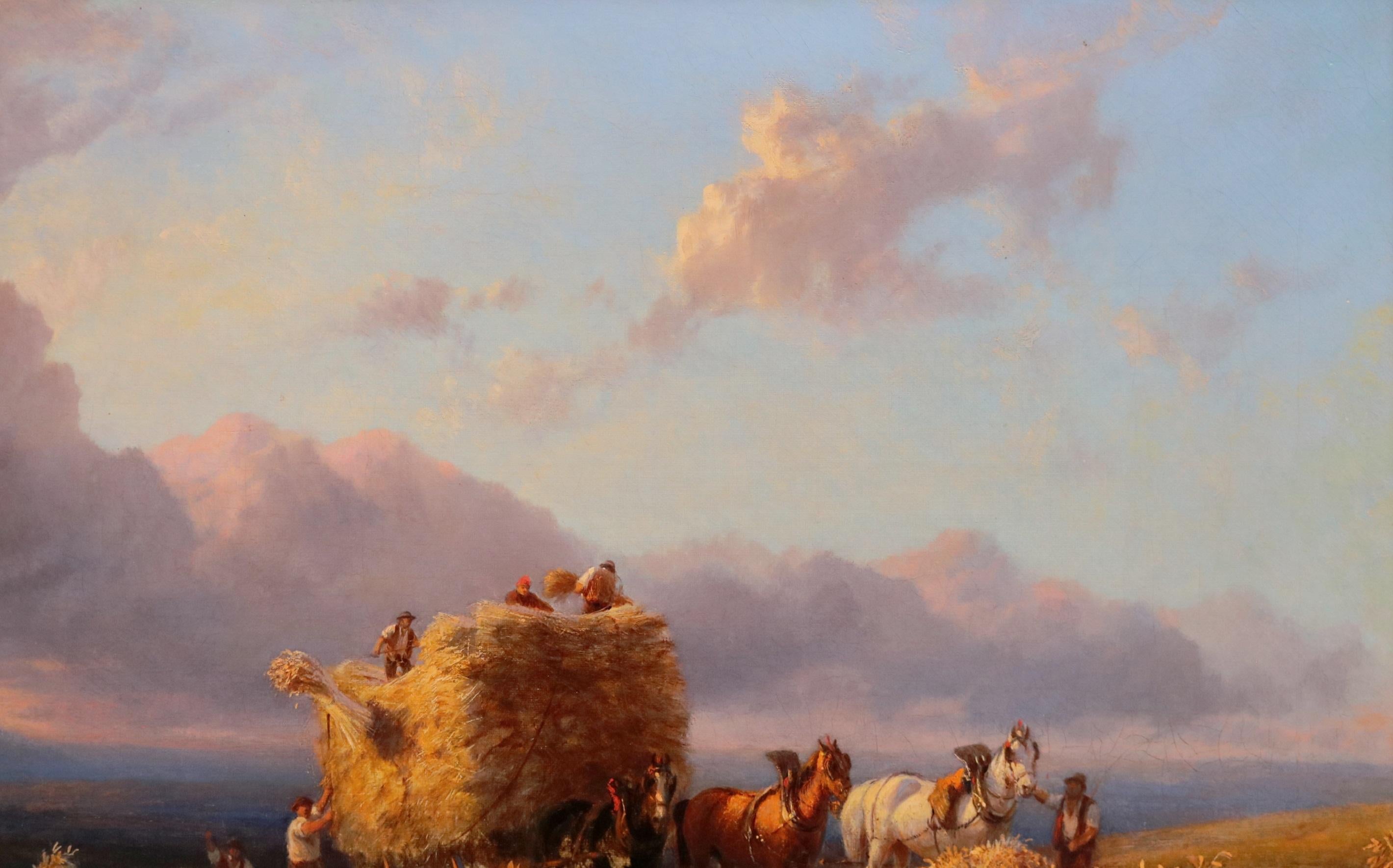 Raccolta nel Surrey - Grande dipinto a olio del XIX secolo - Paesaggio inglese al tramonto 5