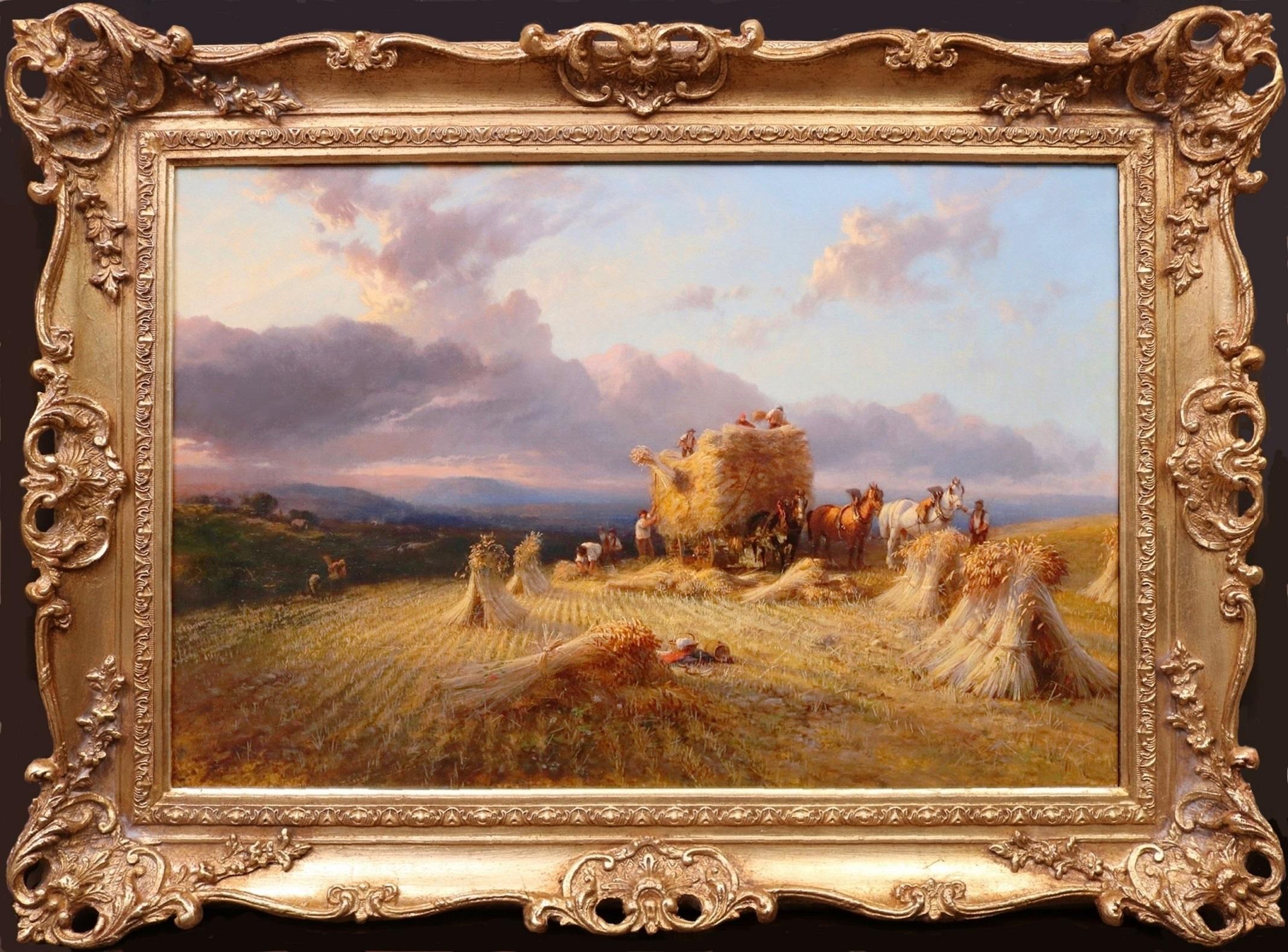 George Cole Animal Painting - Harvesting in Surrey - Large 19th Century Oil Painting English Sunset Landscape 