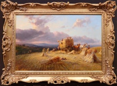 Harvesting in Surrey - Large 19th Century Oil Painting English Sunset Landscape 