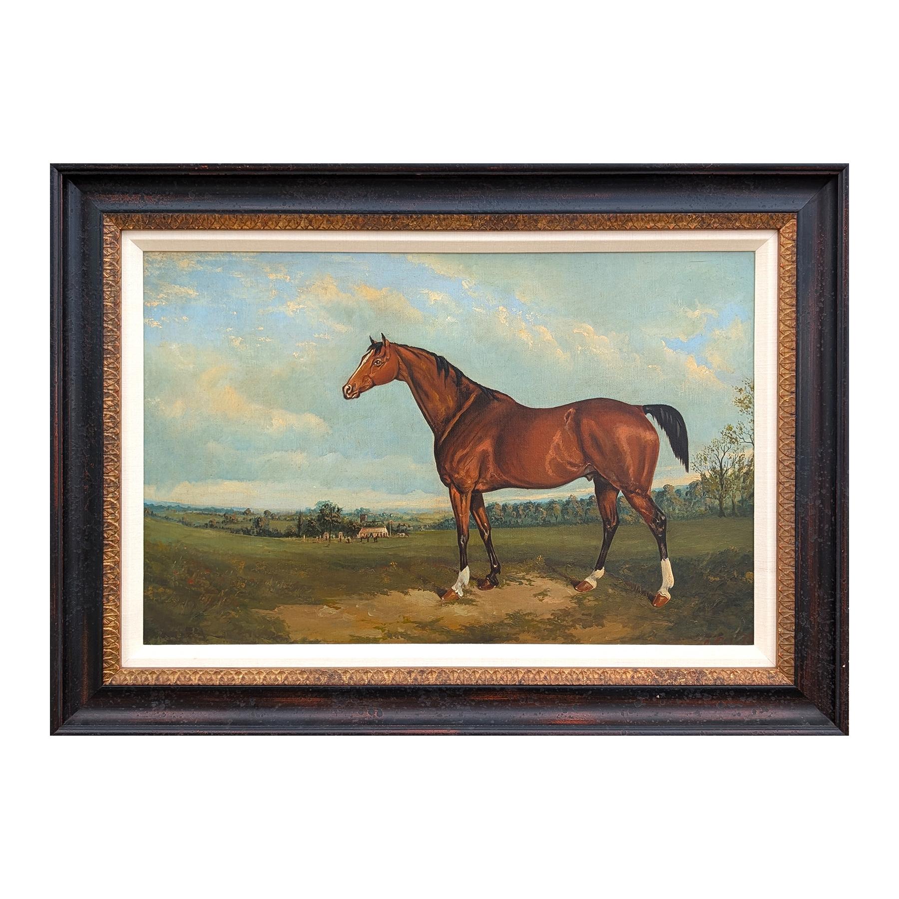 Naturalistisches Landschaftsgemälde eines Pferdes, das auf einem Feld neben einem Polozelt steht – Painting von George Cole