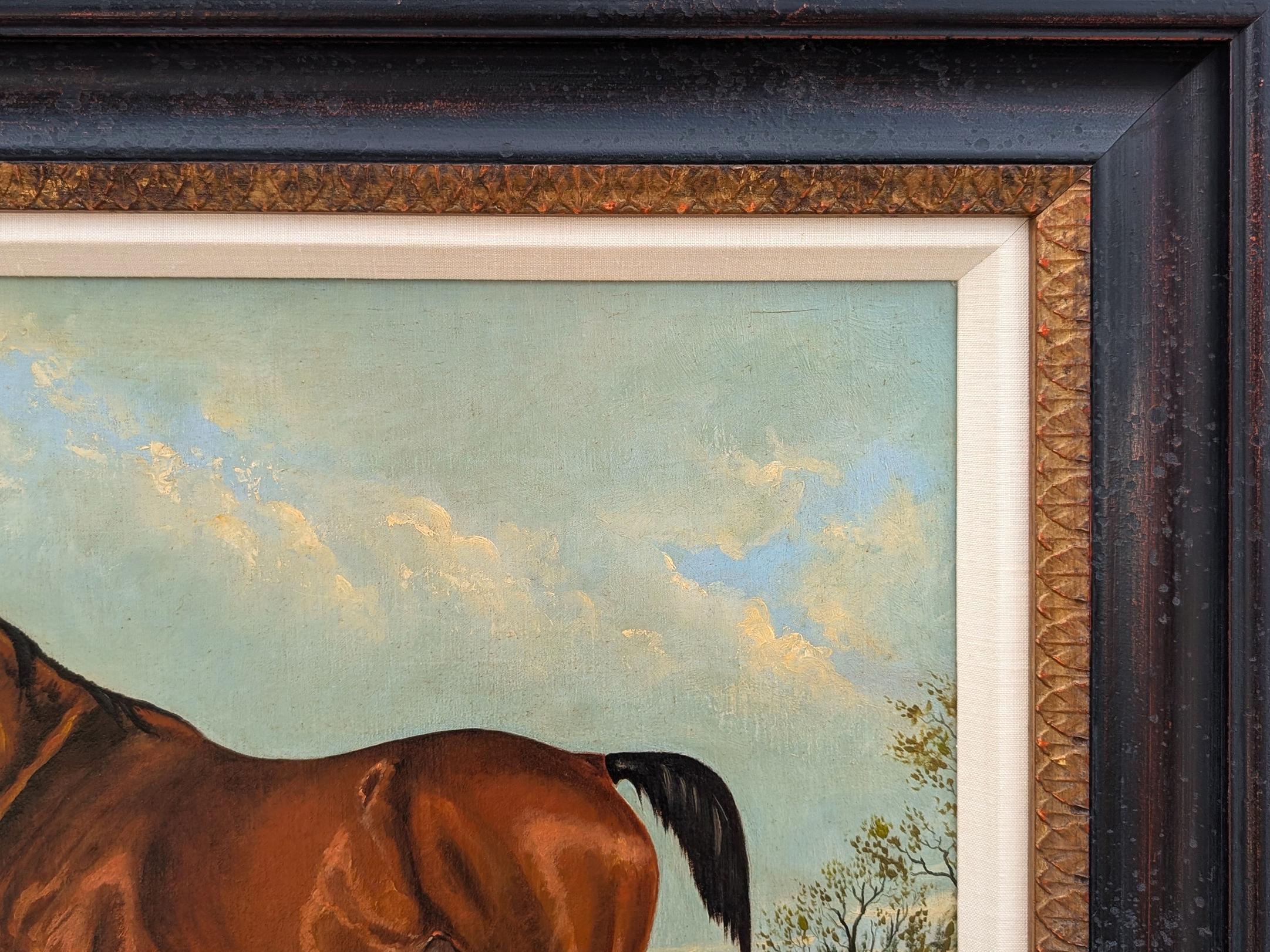 Naturalistisches Landschaftsgemälde eines Pferdes, das auf einem Feld neben einem Polozelt steht (Schwarz), Landscape Painting, von George Cole