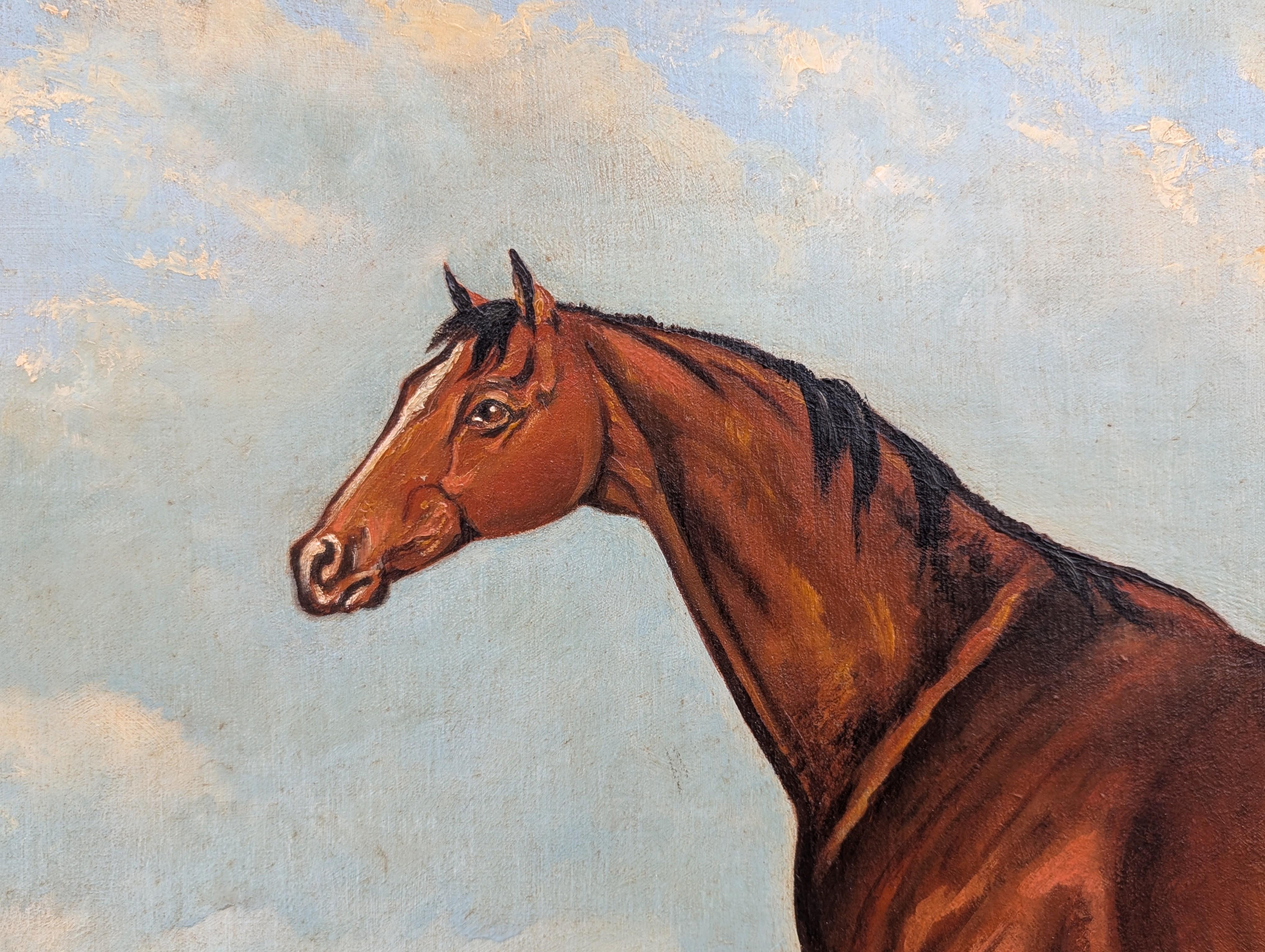 Naturalistisches Landschaftsgemälde eines Pferdes, das auf einem Feld neben einem Polozelt steht im Angebot 2