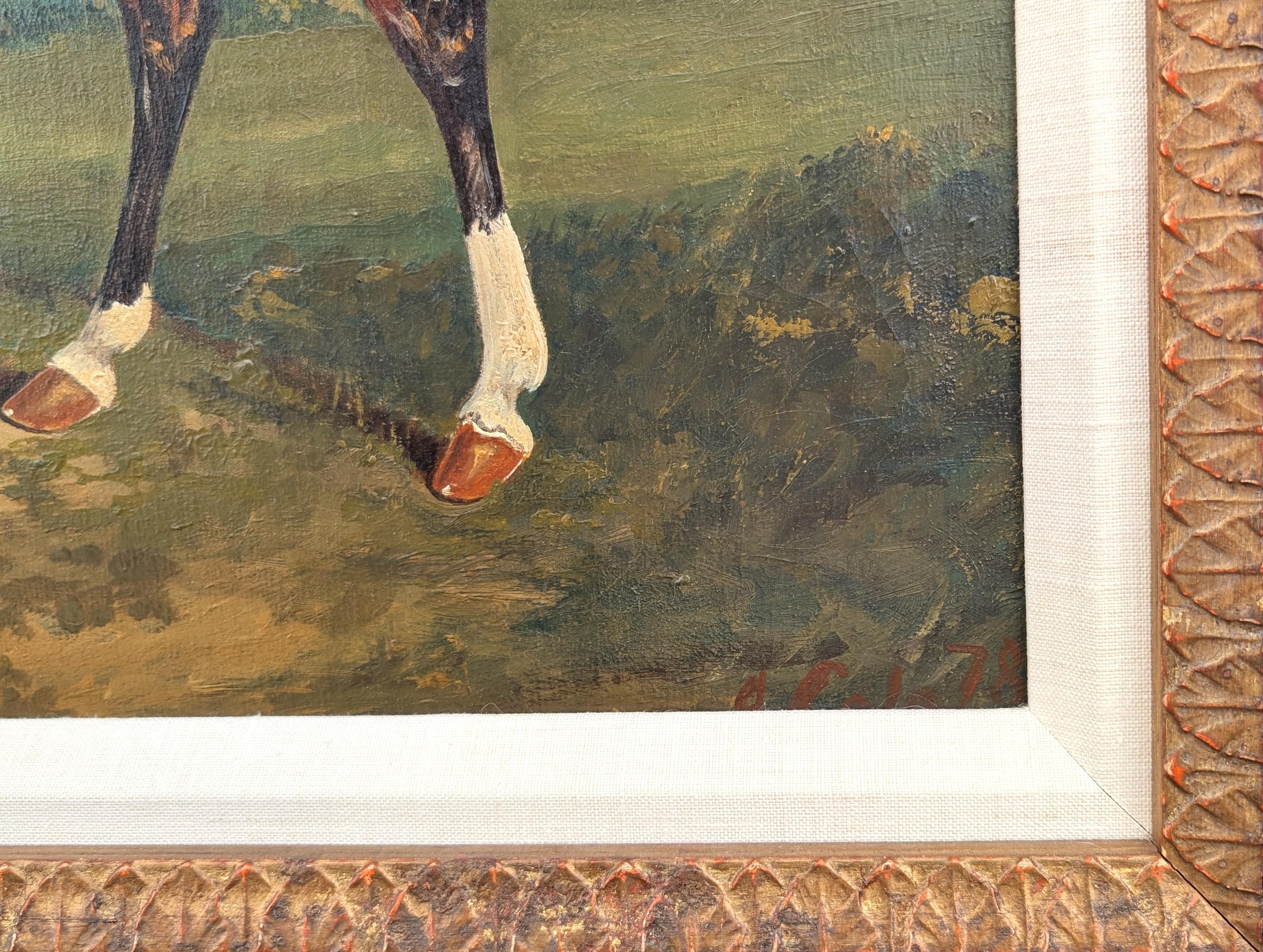 Naturalistisches Landschaftsgemälde eines Pferdes, das auf einem Feld neben einem Polozelt steht im Angebot 4