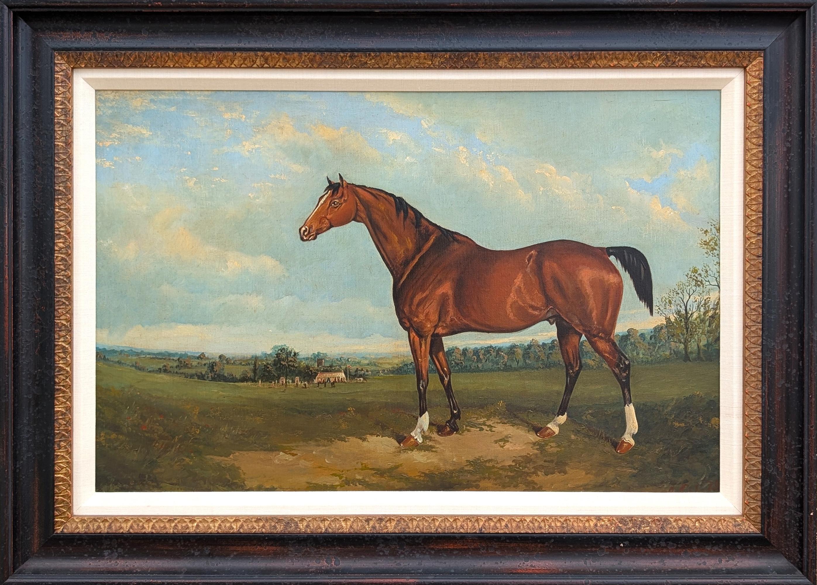 Peinture de paysage naturaliste représentant un cheval debout dans un champ près d'une tente de polo