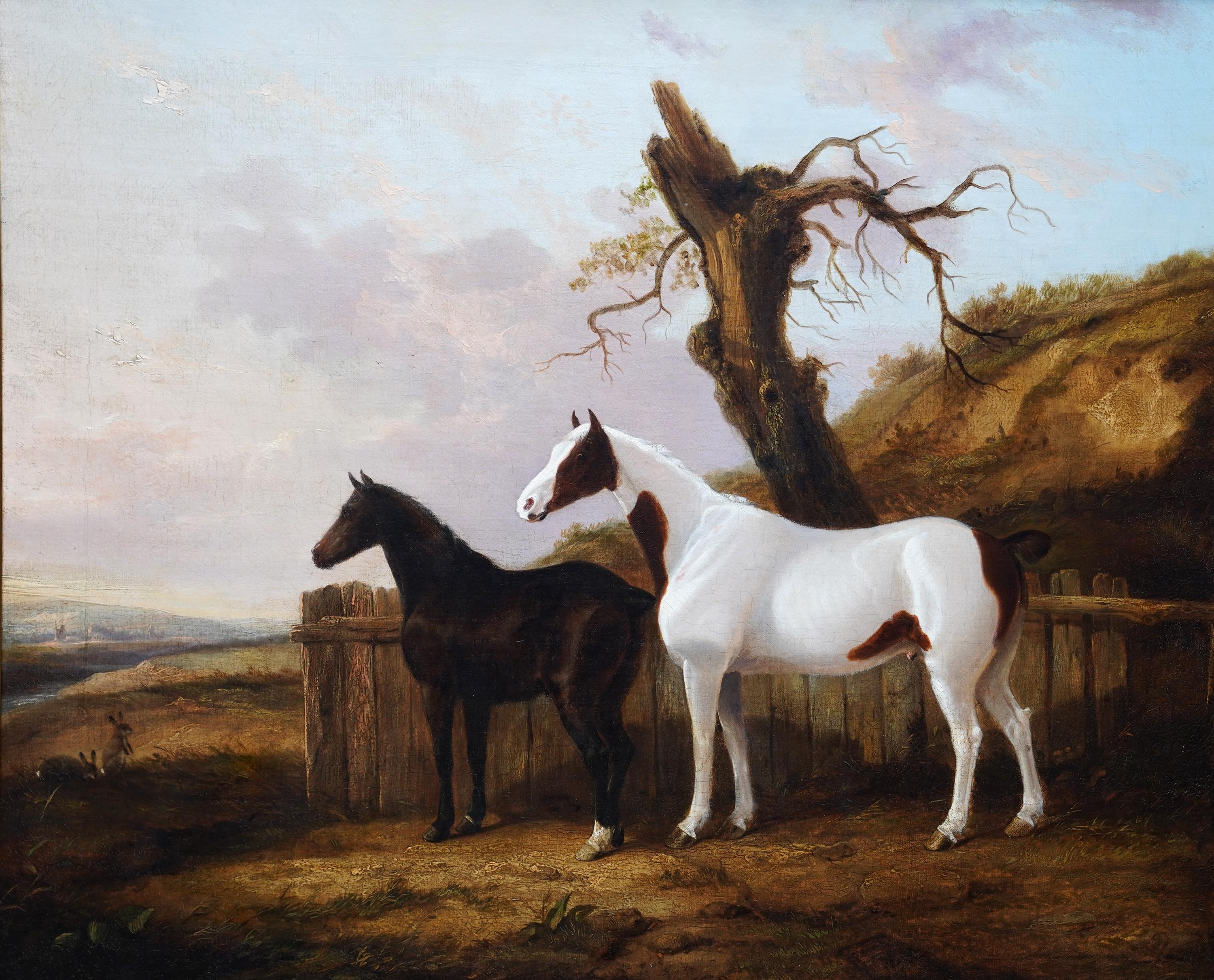 Retrato de dos caballos en un paisaje - Pintura al óleo británica del siglo XIX sobre arte equino - Painting de George Cole