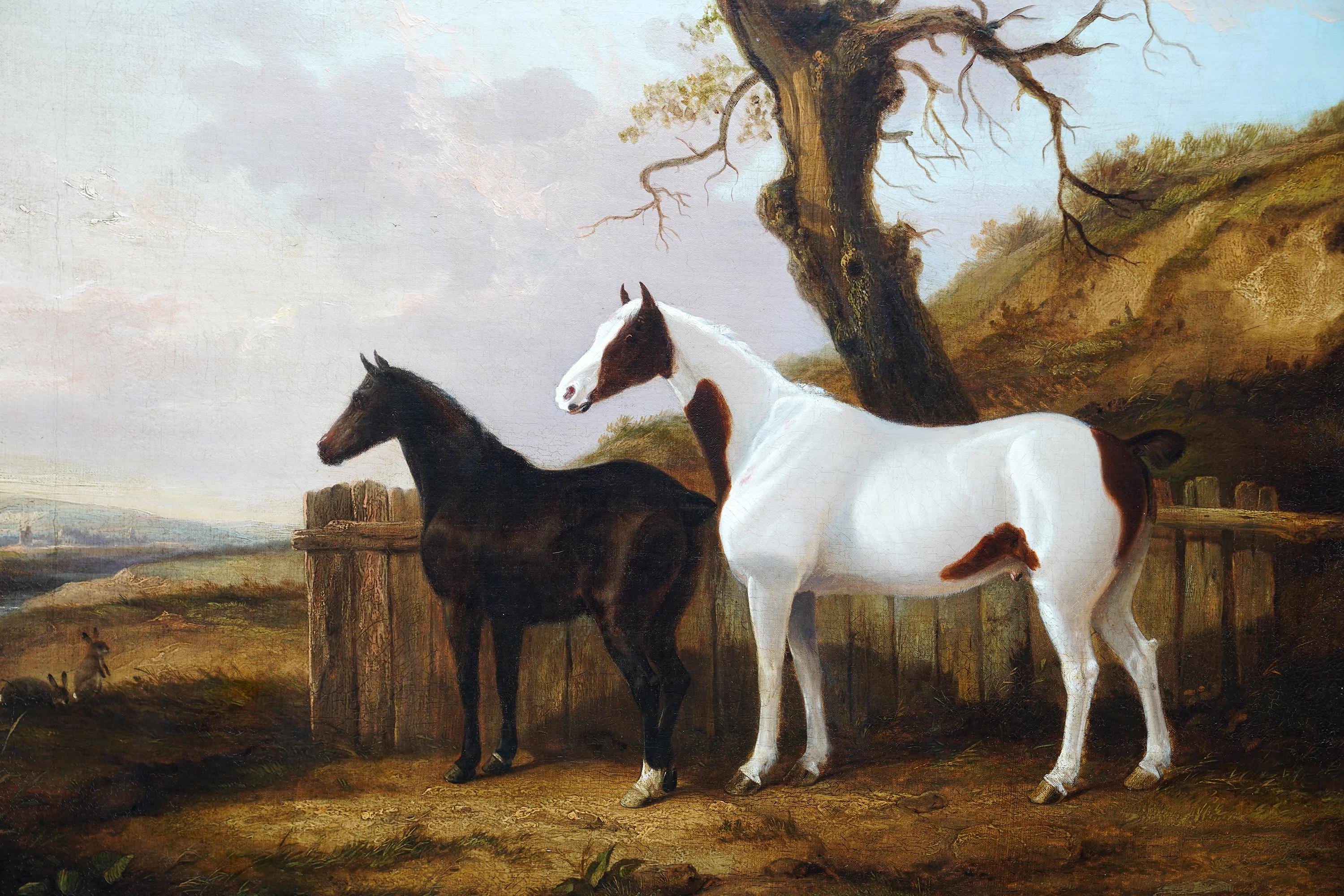 Portrait de deux chevaux dans un paysage - Peinture à l'huile d'art équestre britannique du 19e siècle - Victorien Painting par George Cole