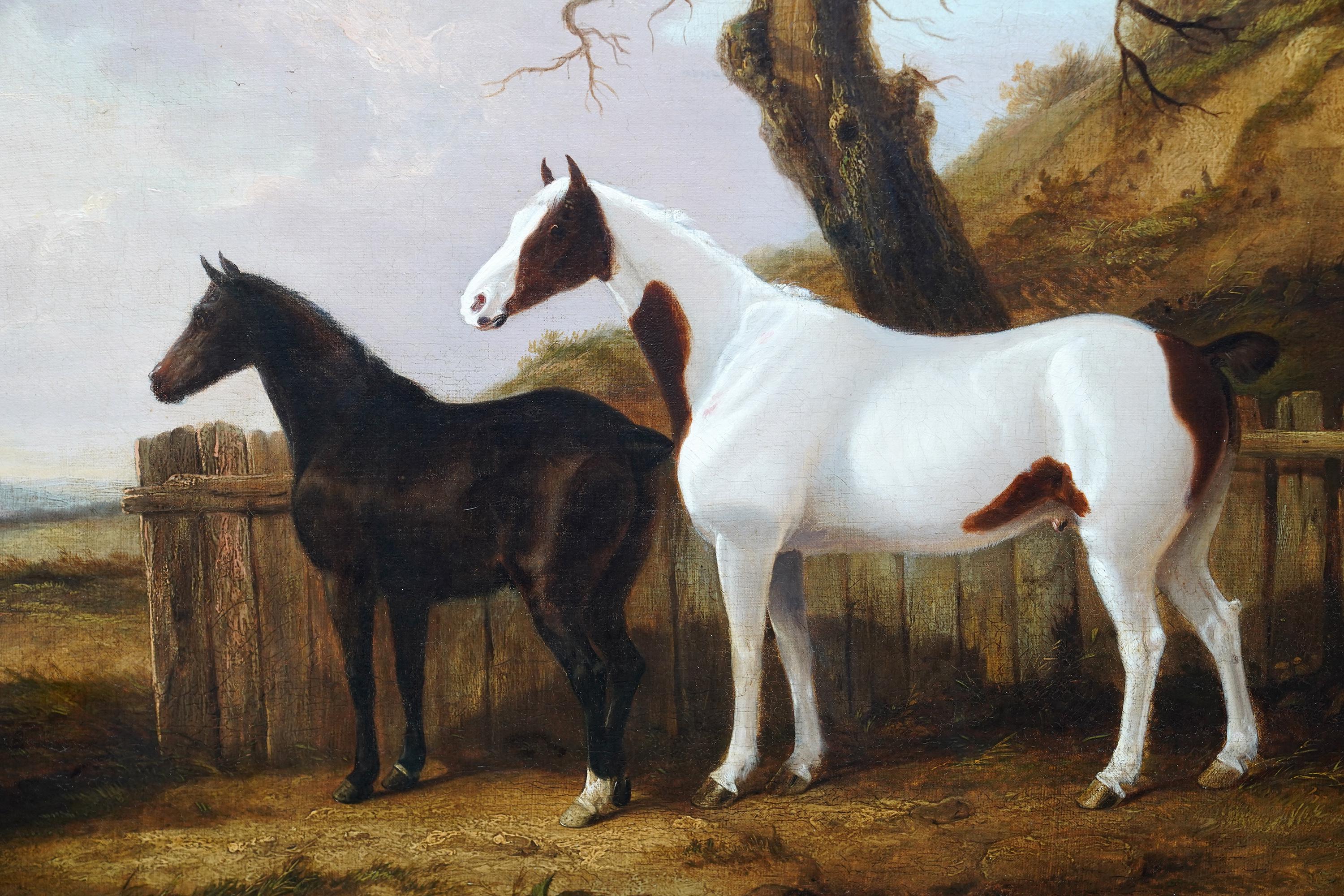 Portrait de deux chevaux dans un paysage - Peinture à l'huile d'art équestre britannique du 19e siècle - Marron Landscape Painting par George Cole