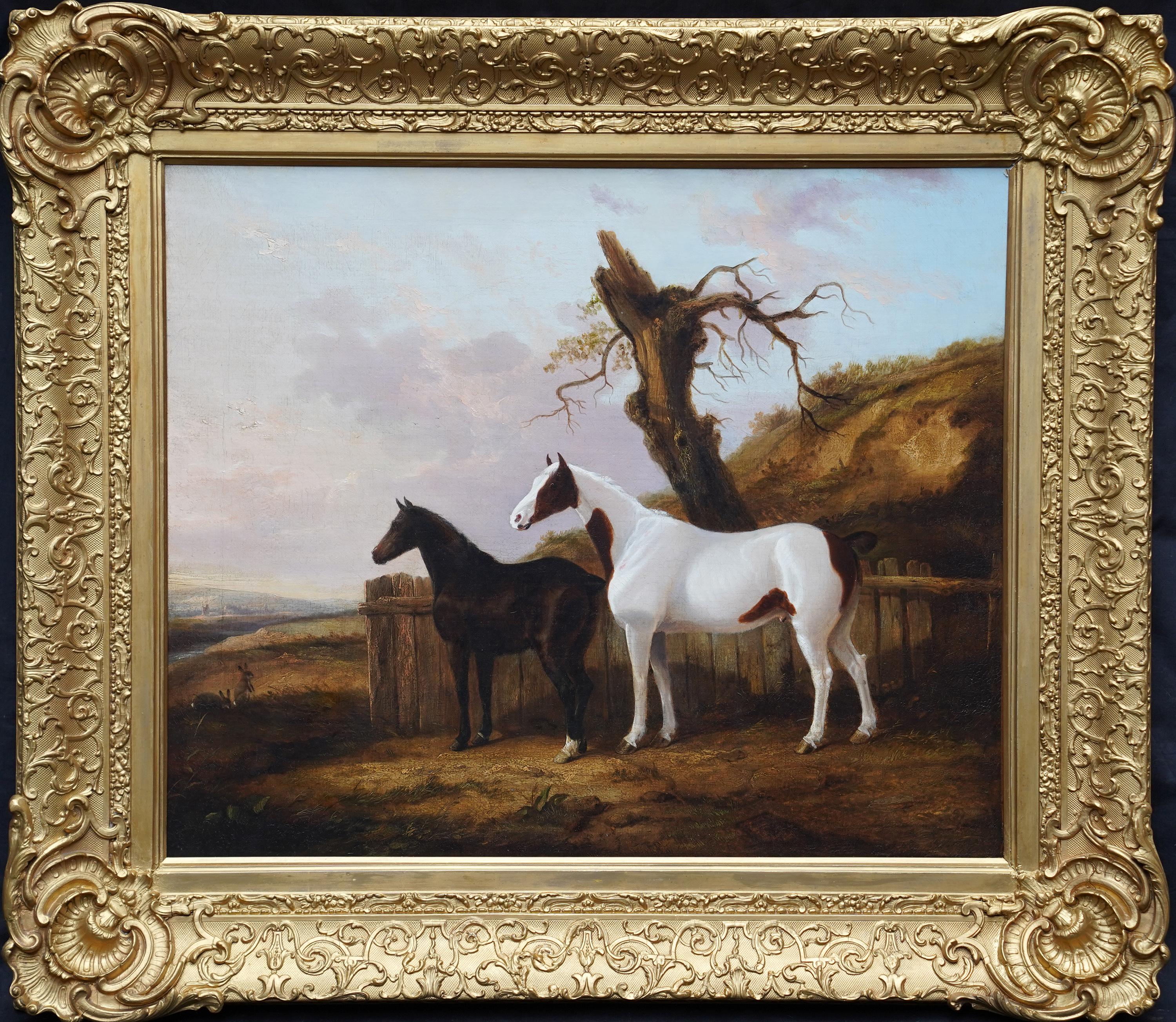 Landscape Painting George Cole - Portrait de deux chevaux dans un paysage - Peinture à l'huile d'art équestre britannique du 19e siècle