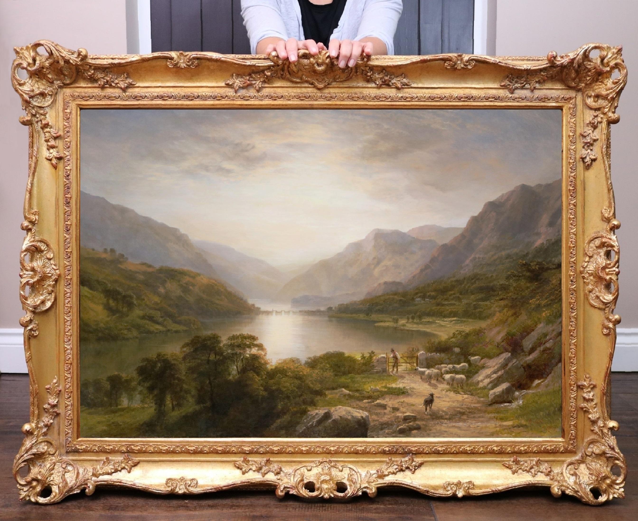 Animal Painting George Cole - The Lake District - Grande peinture anglaise de paysage de coucher de soleil du 19ème siècle