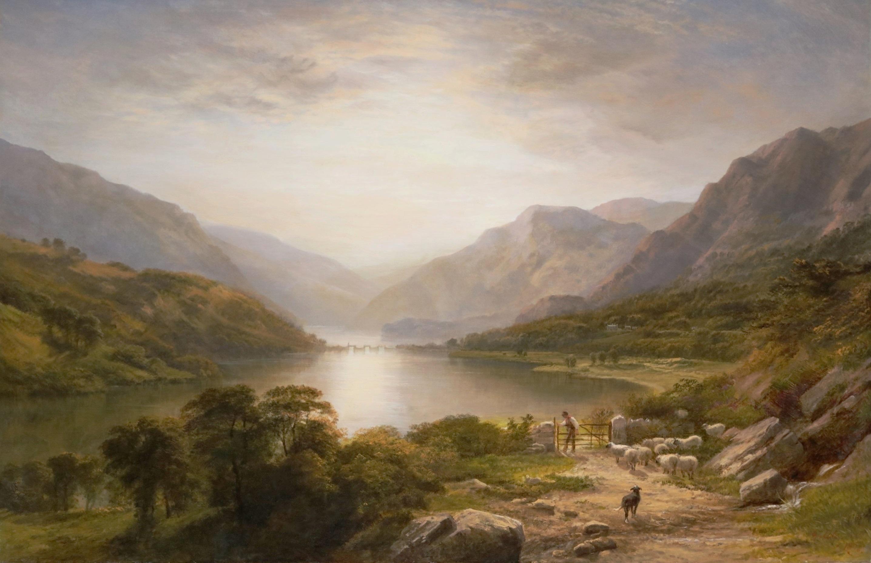 The Lake District - Grande peinture anglaise de paysage de coucher de soleil du 19ème siècle - École anglaise Painting par George Cole