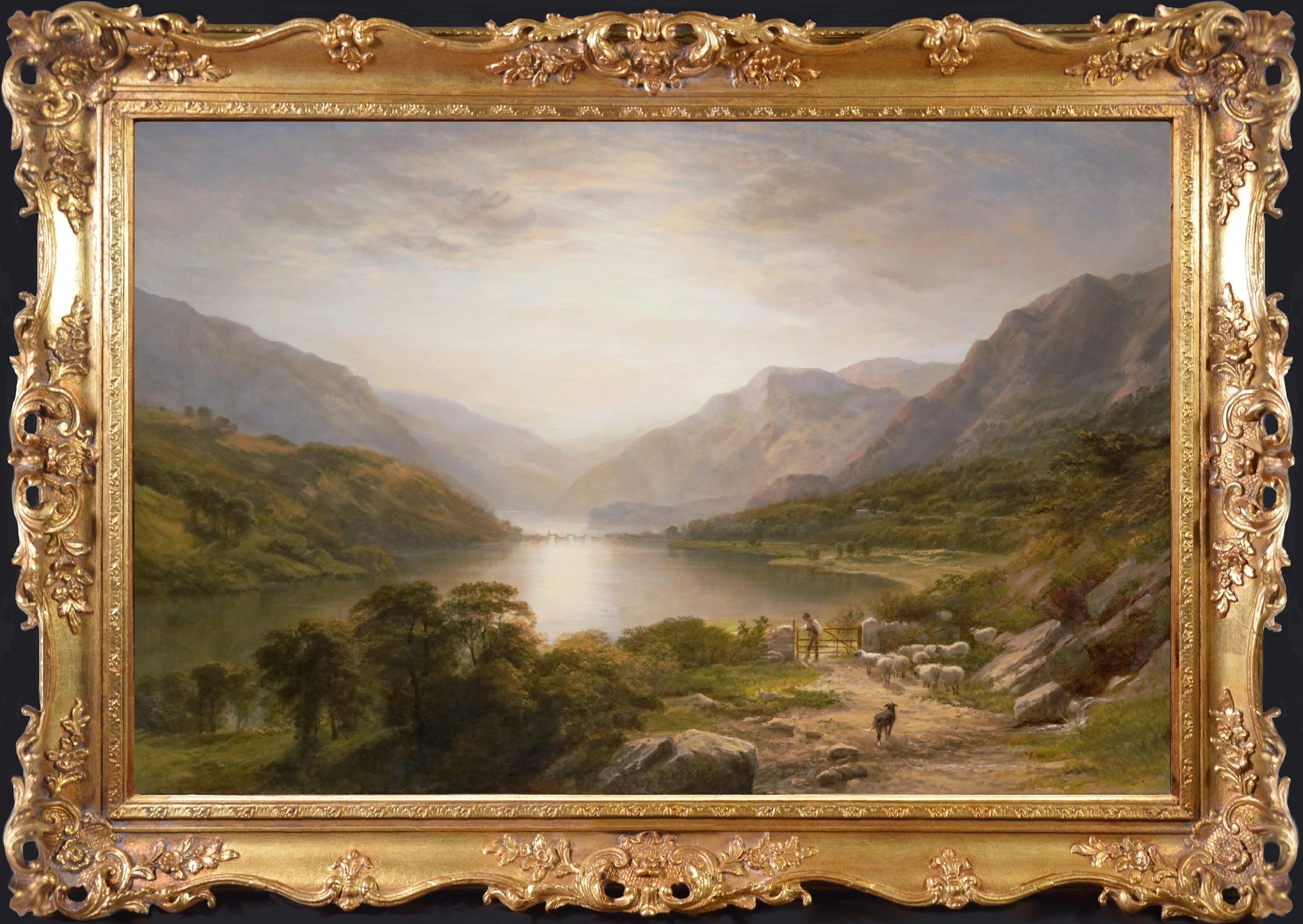 The Lake District - Grande peinture anglaise de paysage de coucher de soleil du 19ème siècle - Painting de George Cole