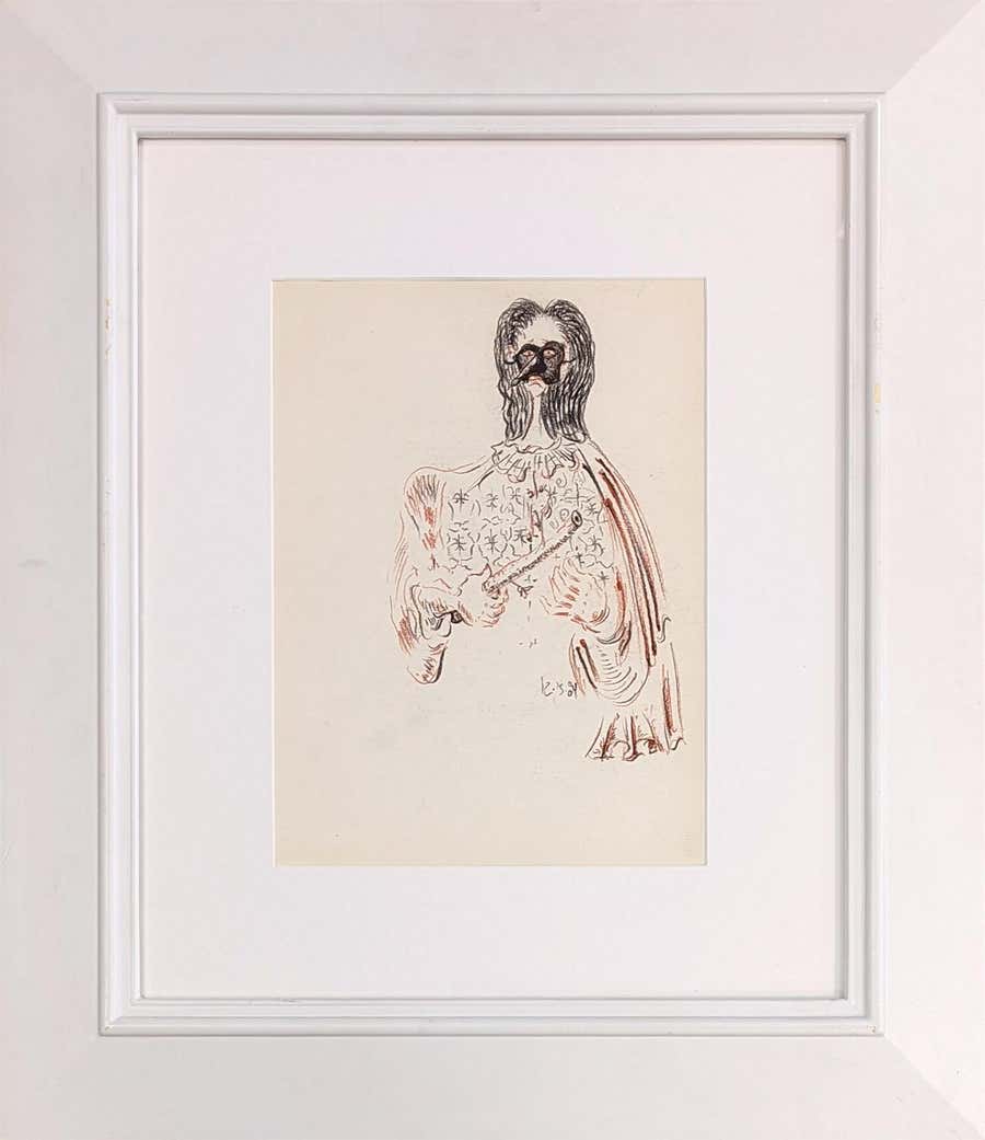Untitled (Masked Figure), Original Crayon Drawing on Paper, Contemporary, 1984