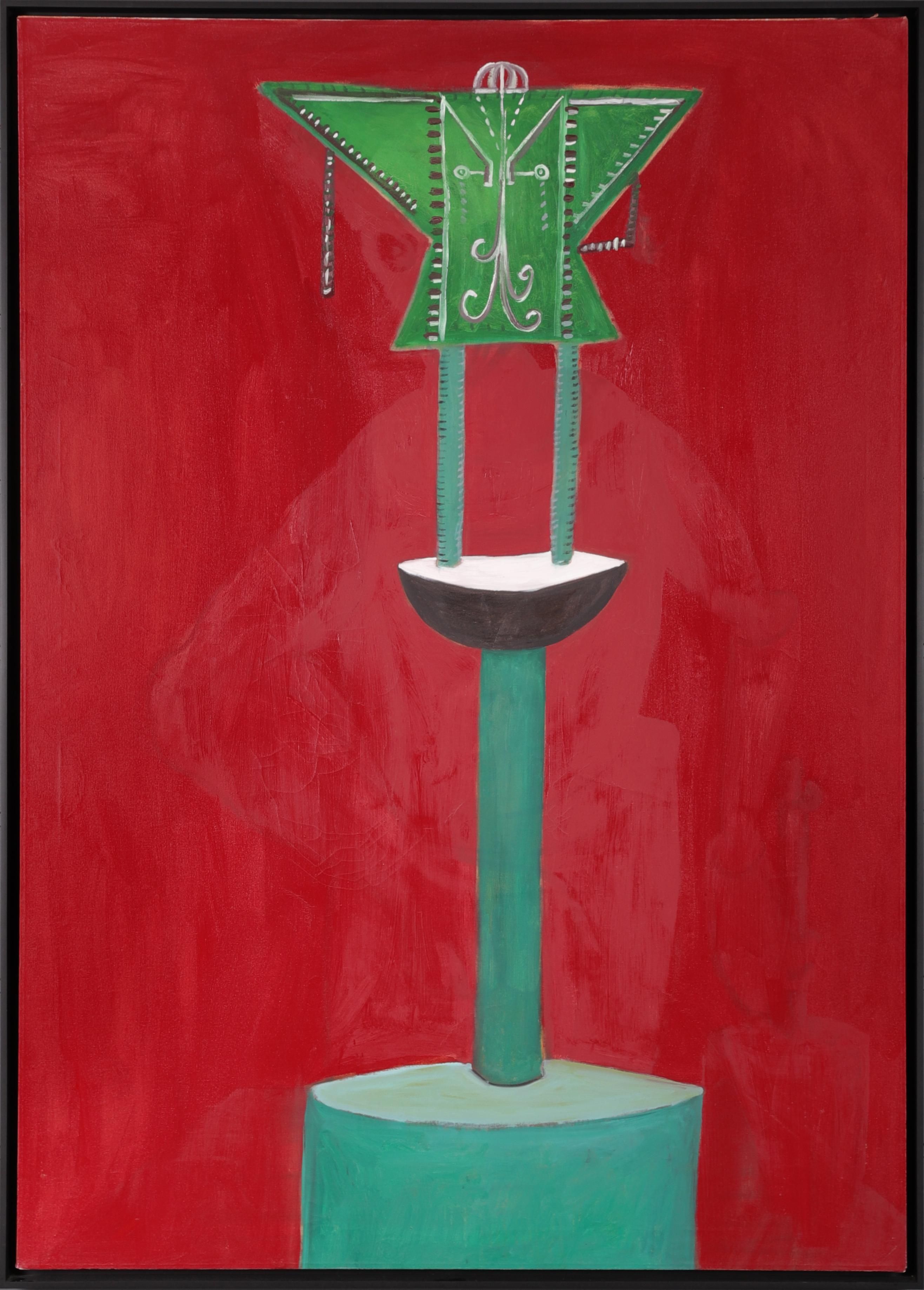 'Untitled' Unique Red and Green Surrealist Oil Painting