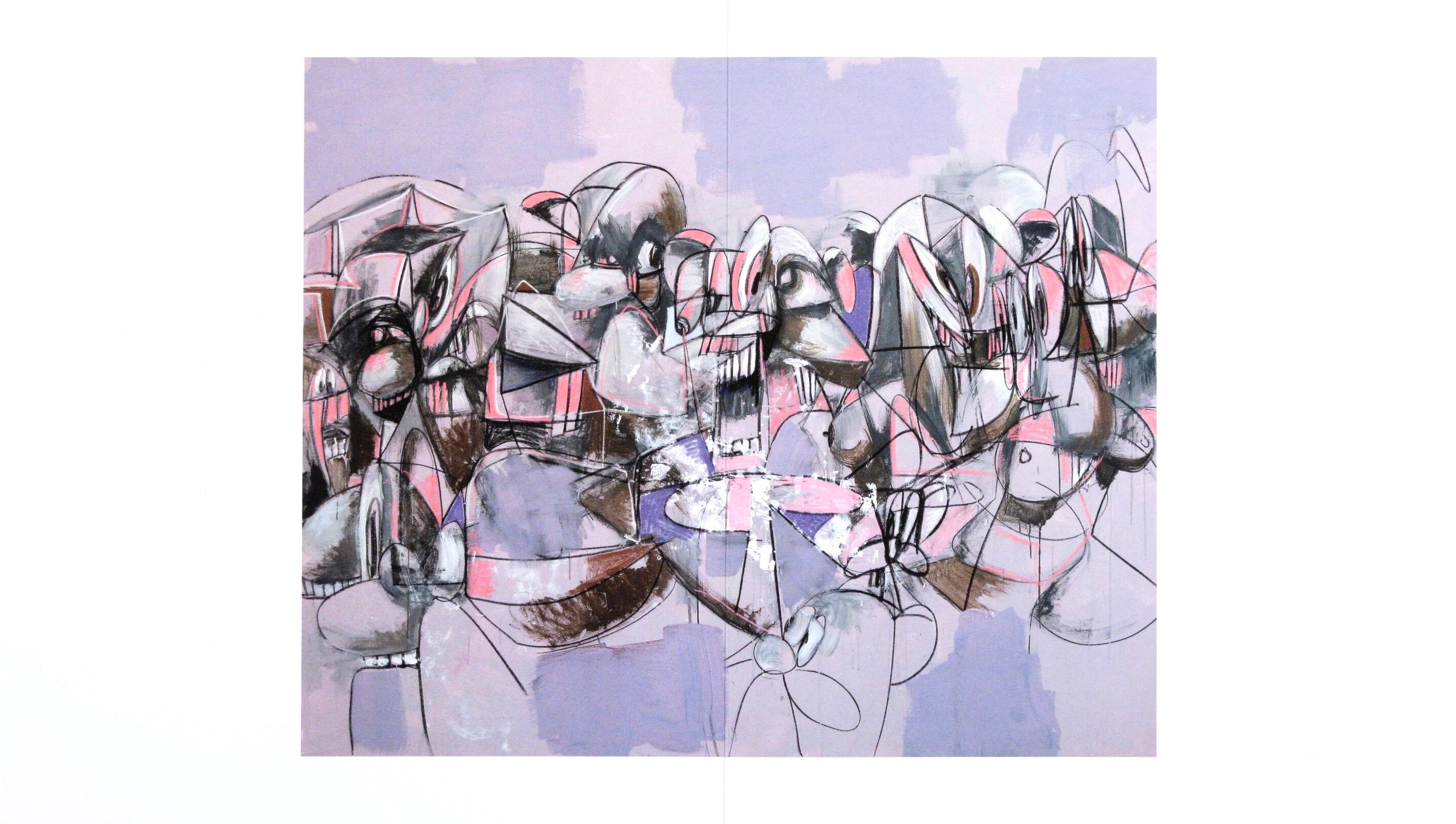 Impresión en cuatricromía sobre papel vélin. Tamaño del papel: 10,75 x 18,5 pulgadas, con pliegue central, tal como se publicó. Inscripción: Sin firmar y sin numerar, tal como se emitió. Notas: Del folio, George Condo, Dibujos Pintados, 2011.