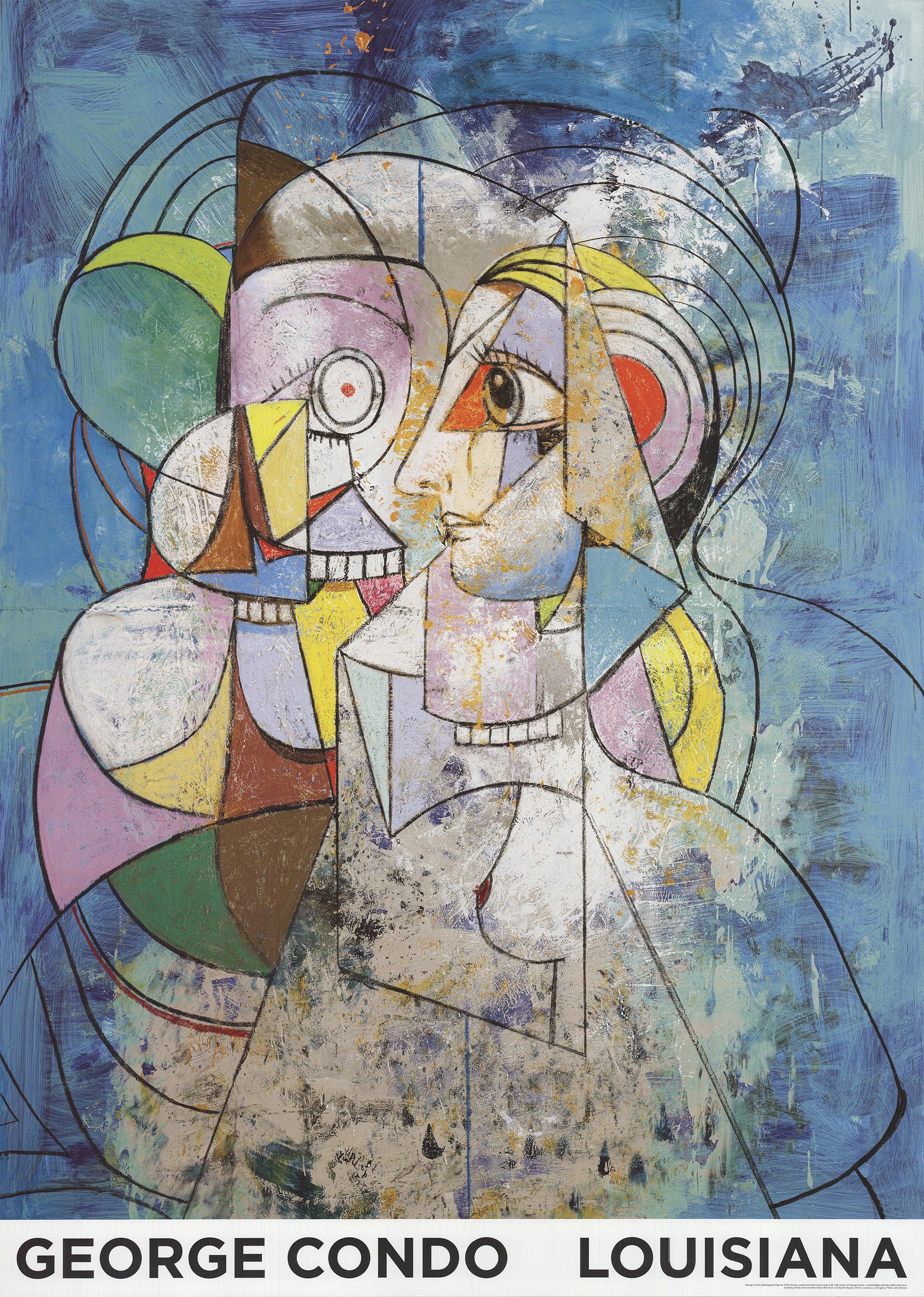 Questo poster di George Condo, a tutta pagina e su larga scala, è stato creato per il Louisiana Museum of Modern Art e mette in mostra il suo caratteristico mix di ritrattistica classica e astrazione surreale. Lo stile distintivo di Condo, che fonde