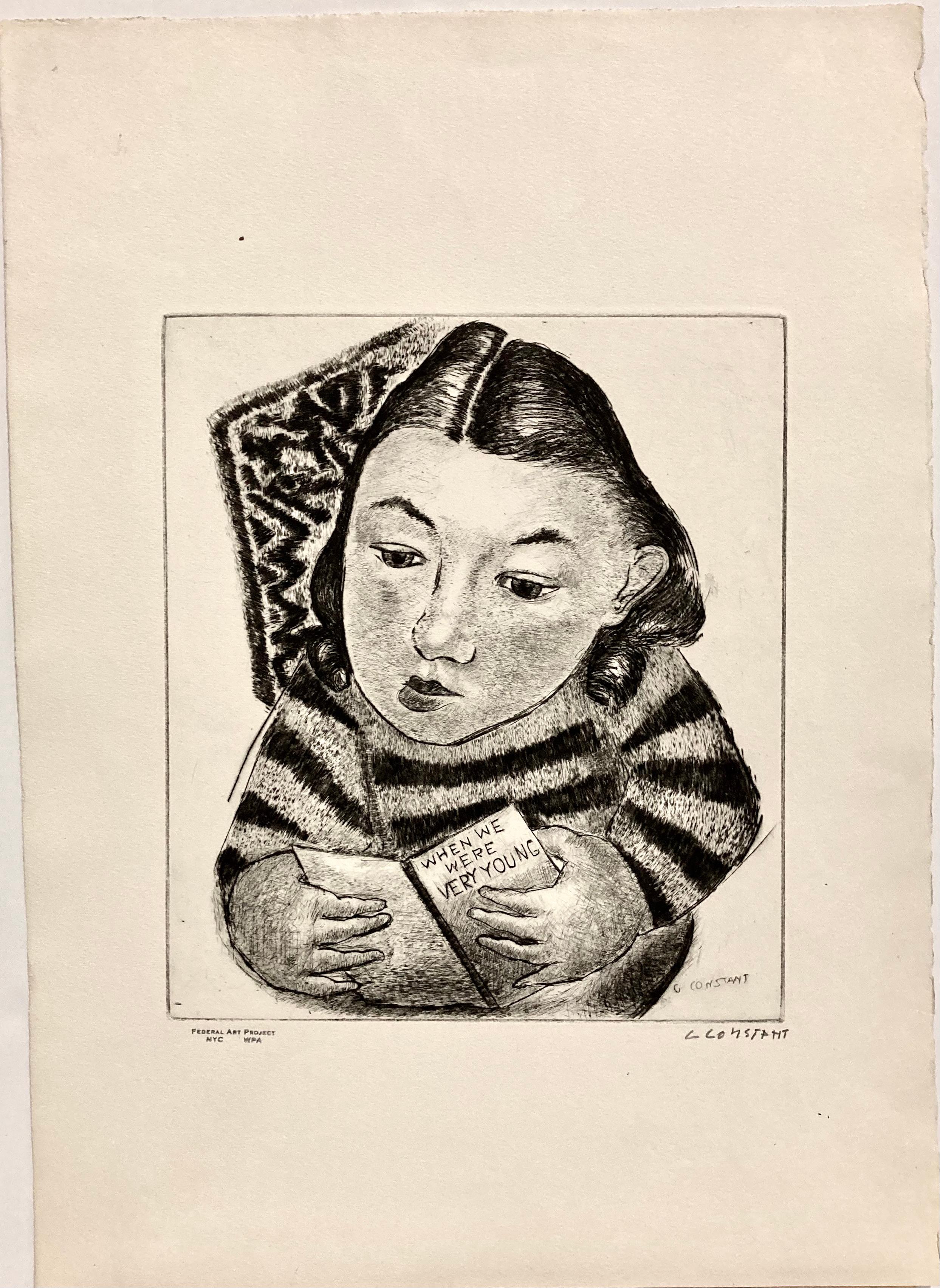 The Greek-American artist George Constant is known for his modernist approach to traditional subject matter. This portrait of a young woman holding a book titled 