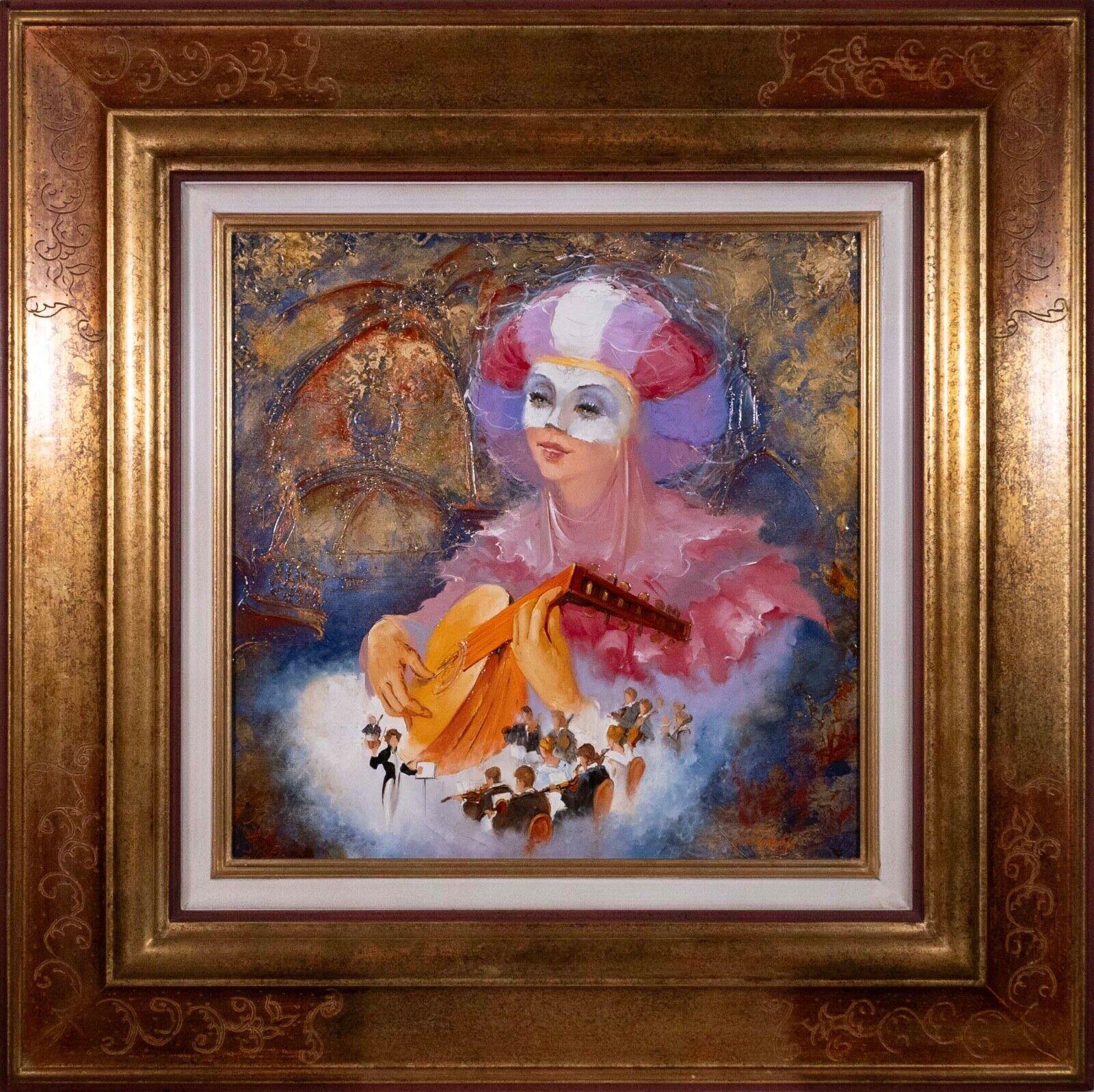 A contemporary surreal oil painting on canvas titled “Bal de l’Opera” by George Corominas. Signed bottom right and titled on verso. A dreamlike composition with musical themes with a nod to “Carnivale” or Mardi Gras. The artist used a thick impasto