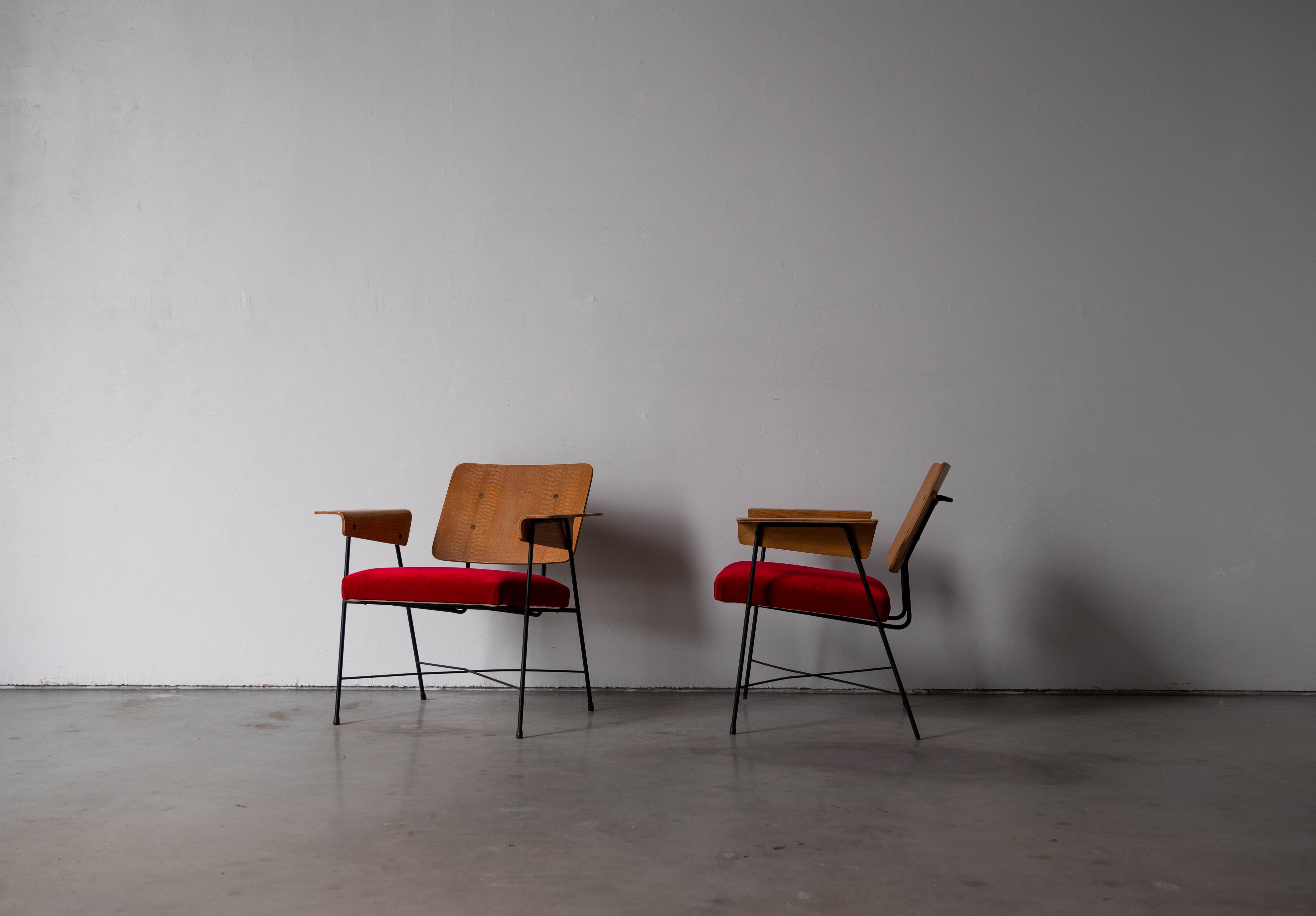 Italian George Coslin, Lounge Chairs, Metal, Red Fabric, Plywood, Italy, 1960s