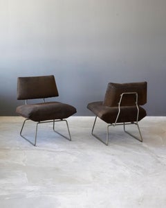 George Coslin, Minimalist Slipper Chairs, Metal, Brown Fabric, Italy, 1960s