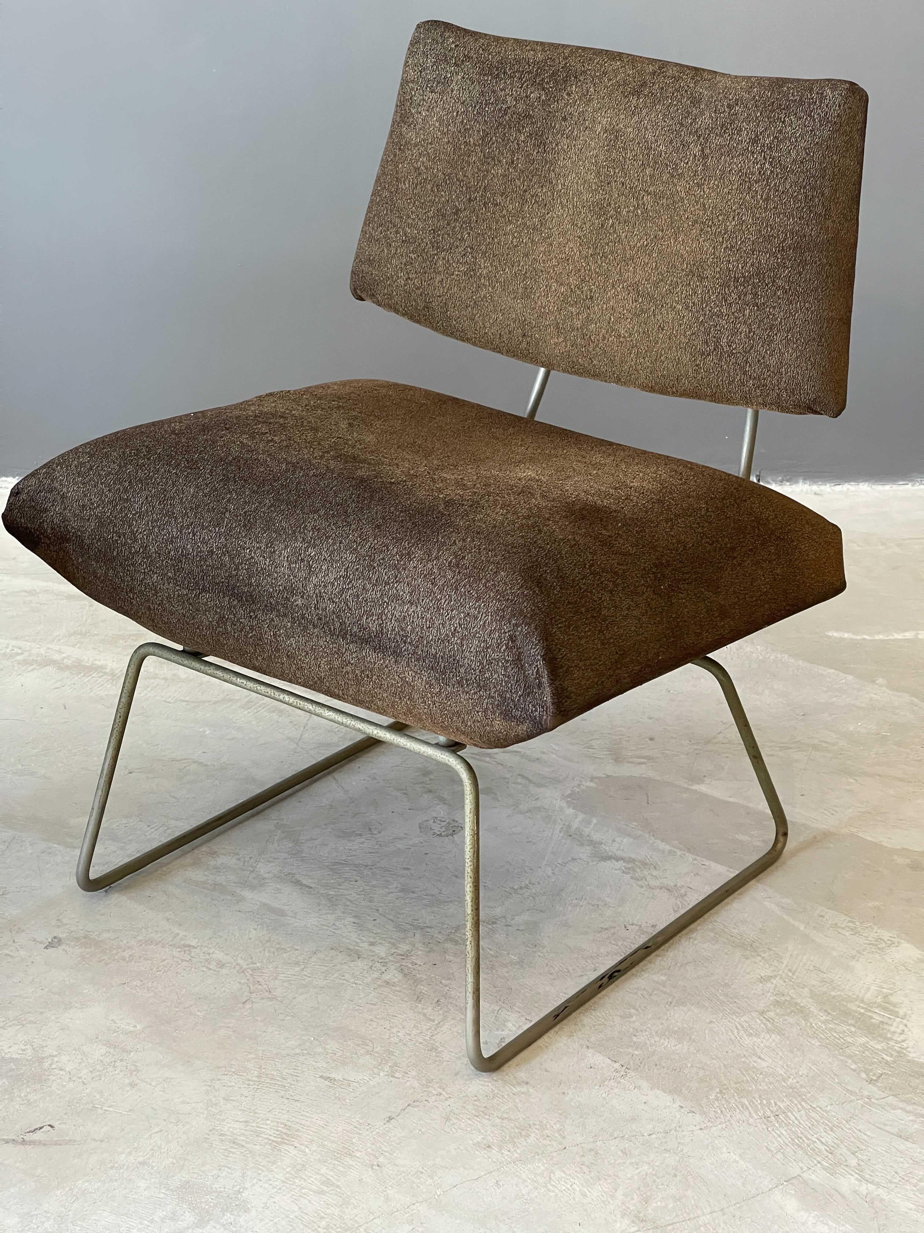 Italian George Coslin, Minimalist Slipper Chairs, Metal, Brown Fabric, Italy, 1960s