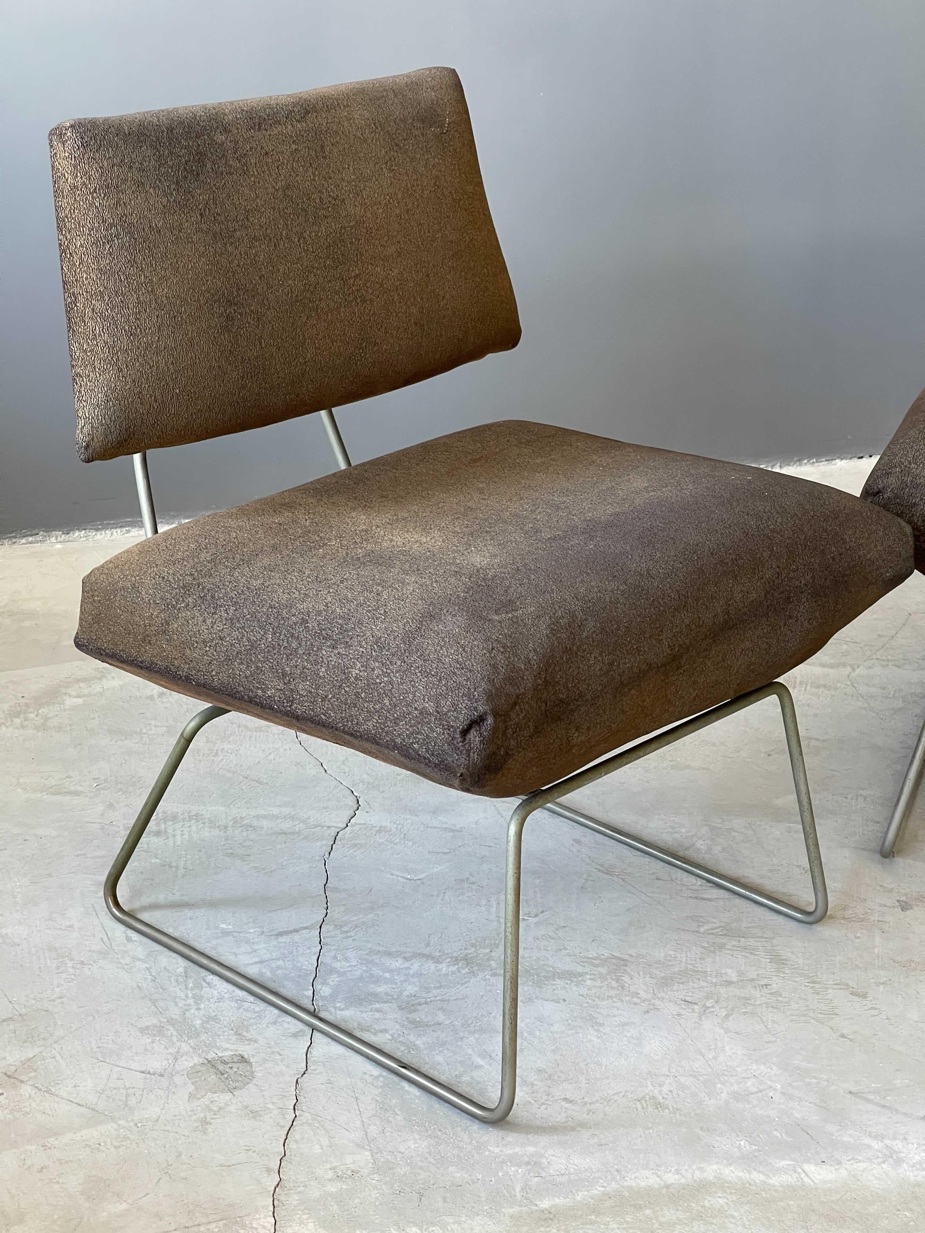 George Coslin, Minimalist Slipper Chairs, Metal, Brown Fabric, Italy, 1960s In Fair Condition In High Point, NC