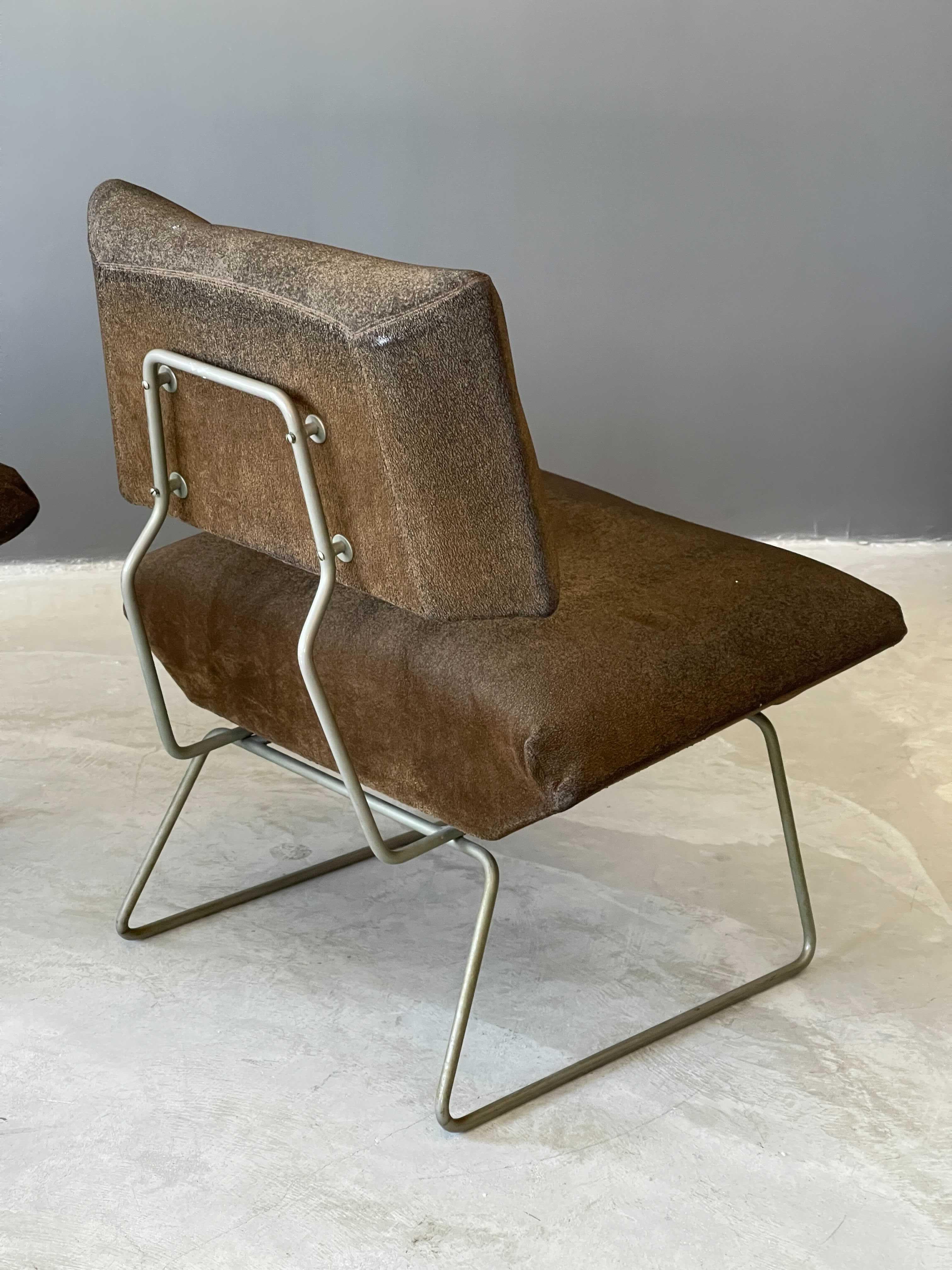 Mid-20th Century George Coslin, Minimalist Slipper Chairs, Metal, Brown Fabric, Italy, 1960s