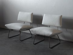 George Coslin, Minimalist Slipper Chairs, Metal, White Bouclé, Italy, 1960s