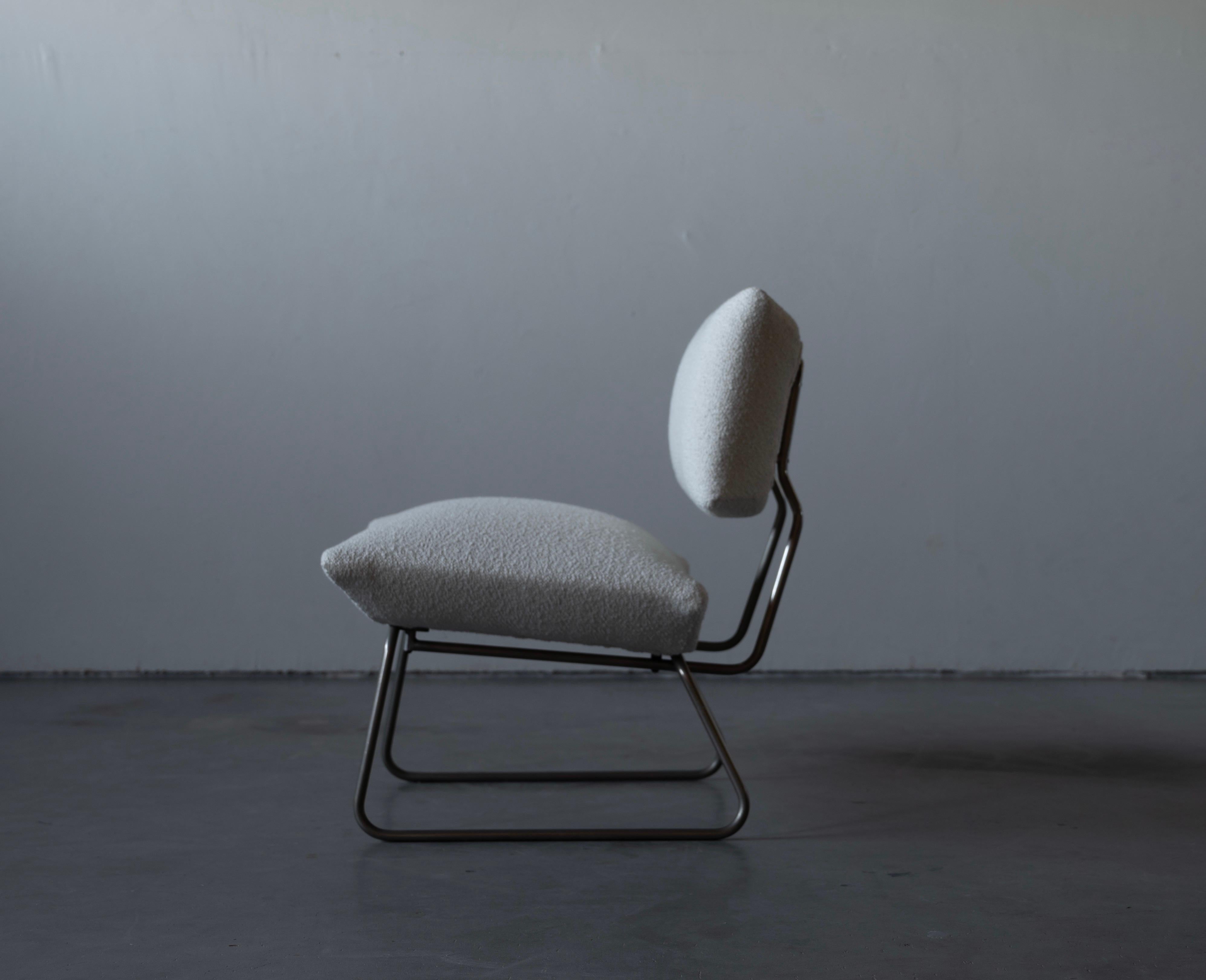 Italian George Coslin, Minimalist Slipper Chairs, Metal, White Bouclé, Italy, 1960s