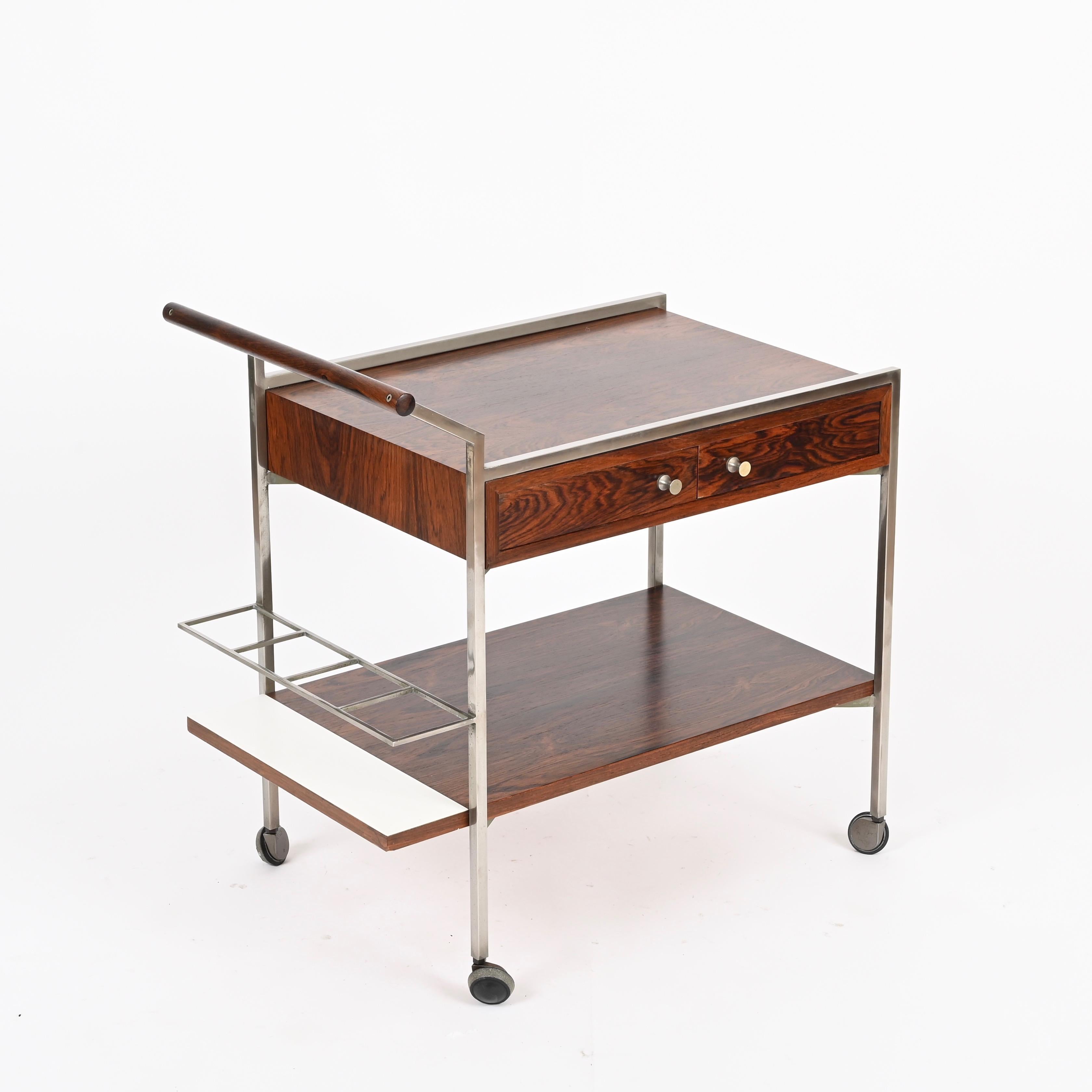 Carrello da bar con cassetti in palissandro e cromo di Georges Coslin, Italia, anni '50 in vendita 3