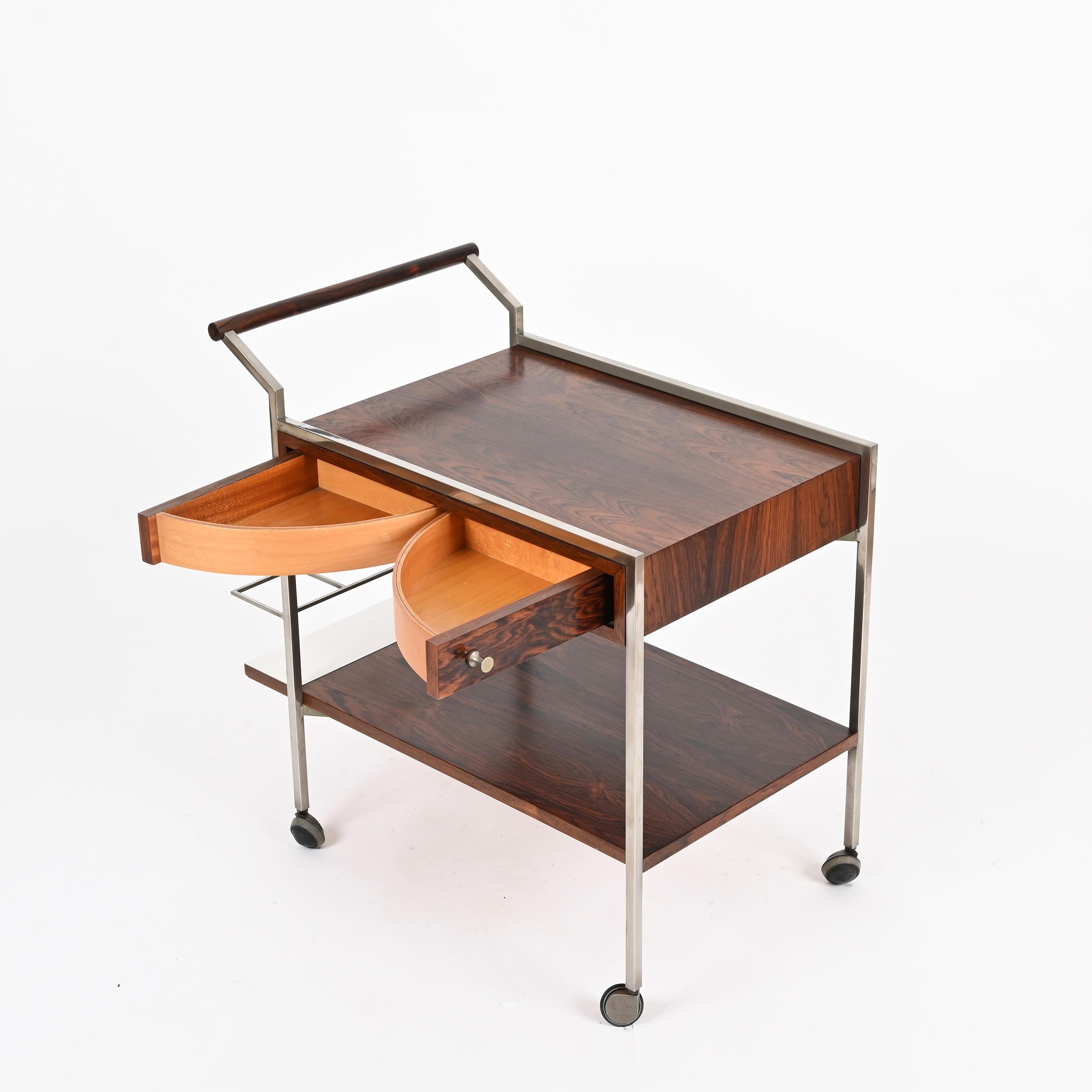 Italiano Carrello da bar con cassetti in palissandro e cromo di Georges Coslin, Italia, anni '50 in vendita