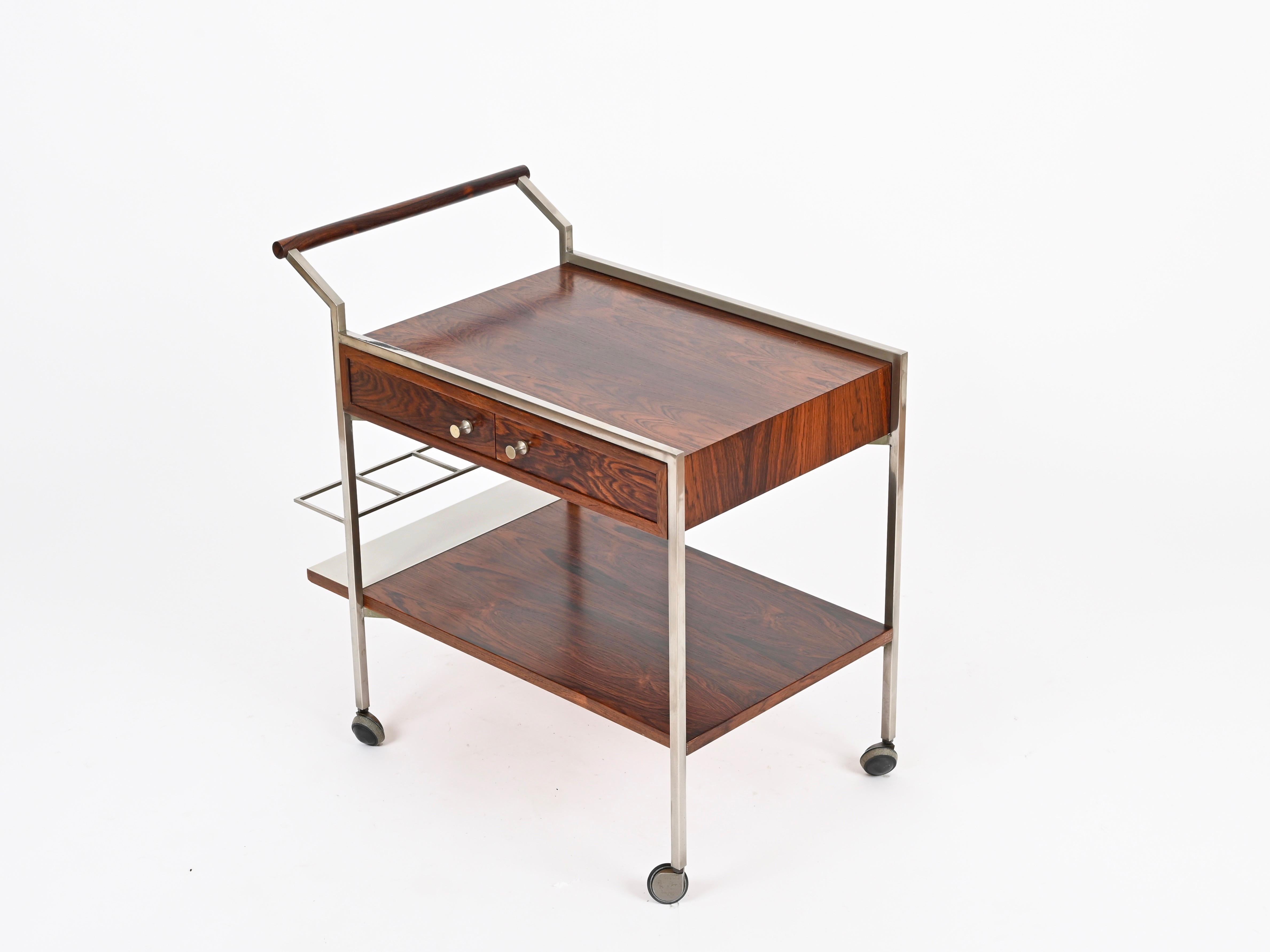 Carrello da bar con cassetti in palissandro e cromo di Georges Coslin, Italia, anni '50 In condizioni buone in vendita a Roma, IT