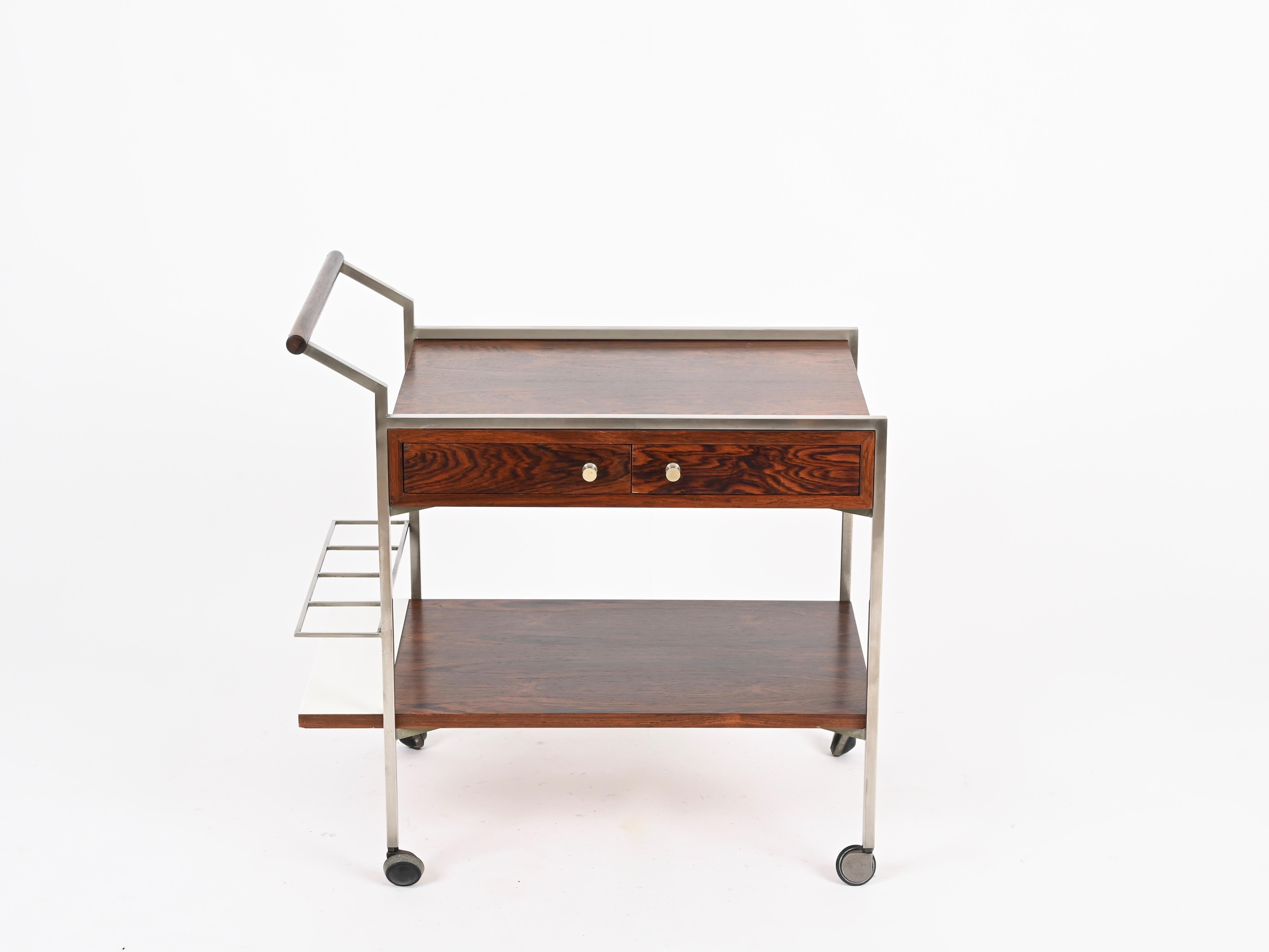 Carrello da bar con cassetti in palissandro e cromo di Georges Coslin, Italia, anni '50 in vendita 1