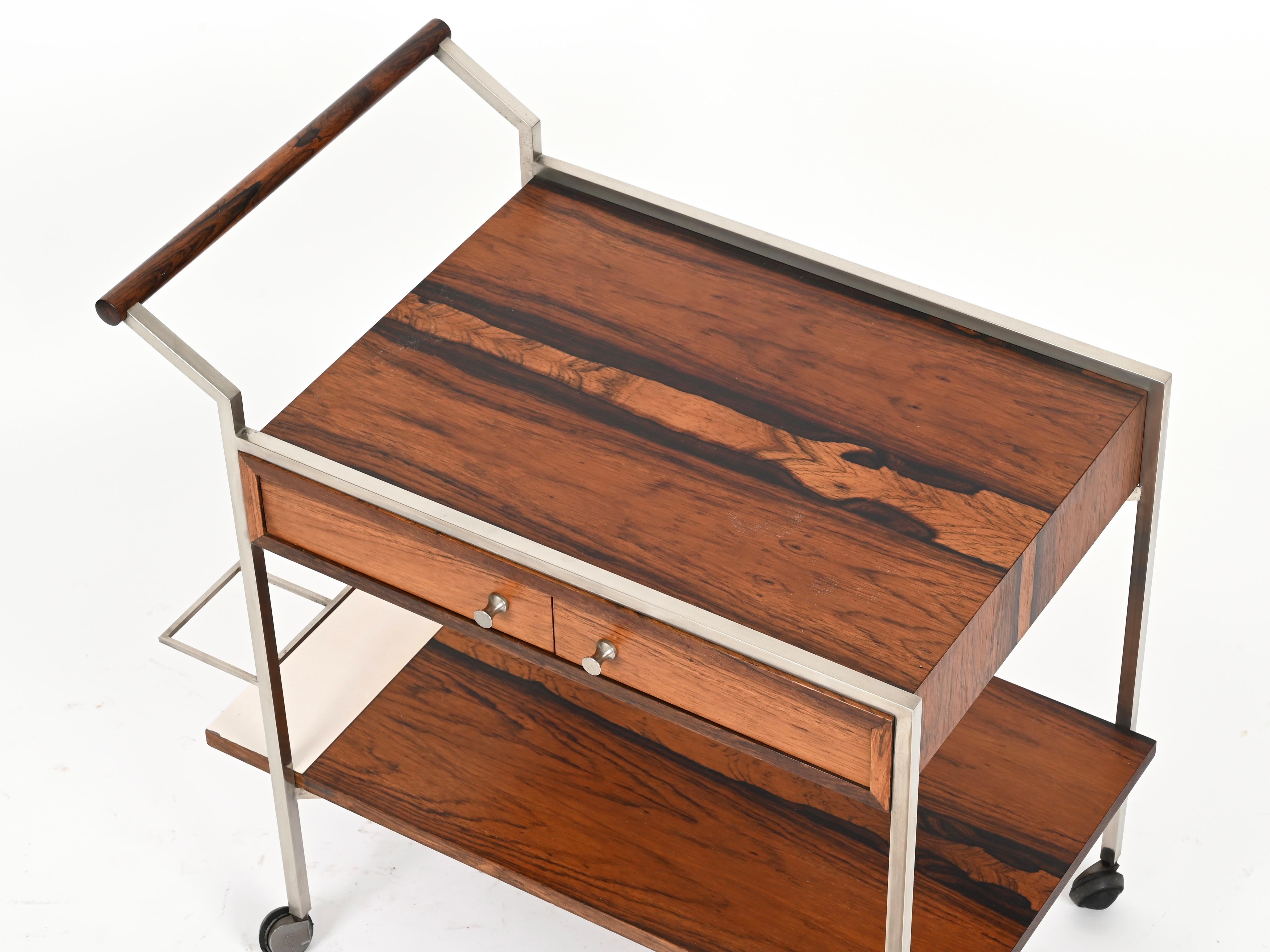 George Coslin Serving Bar Cart with Drawers in Rosewood and Chrome ...