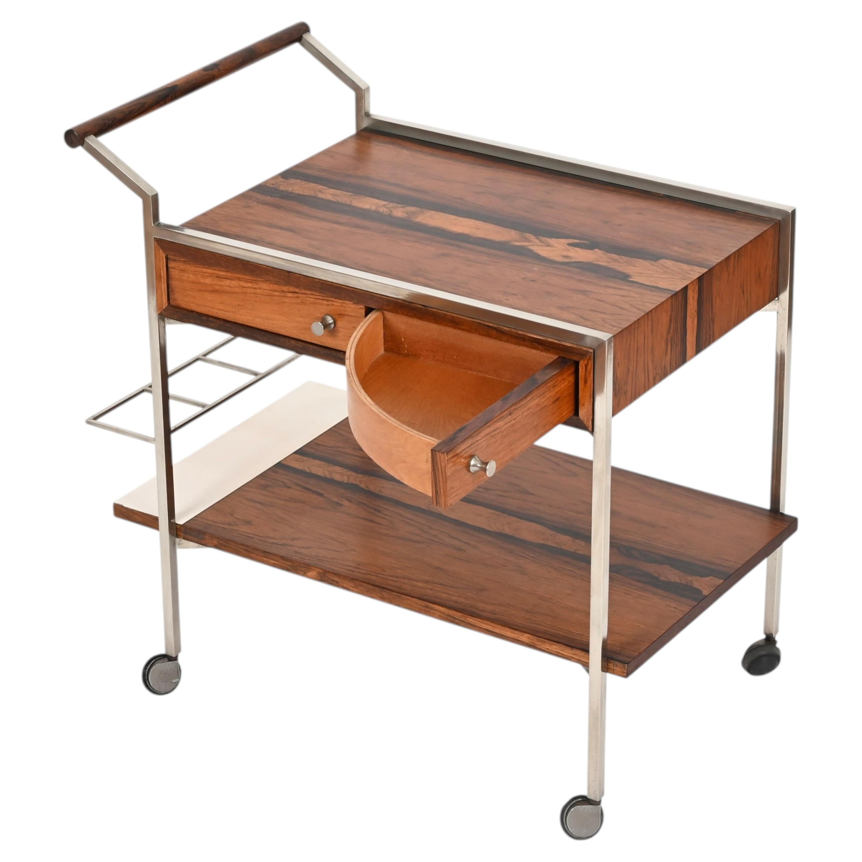 George Coslin Serving Bar Cart with Drawers in Rosewood and Chrome, Italy, 1950s