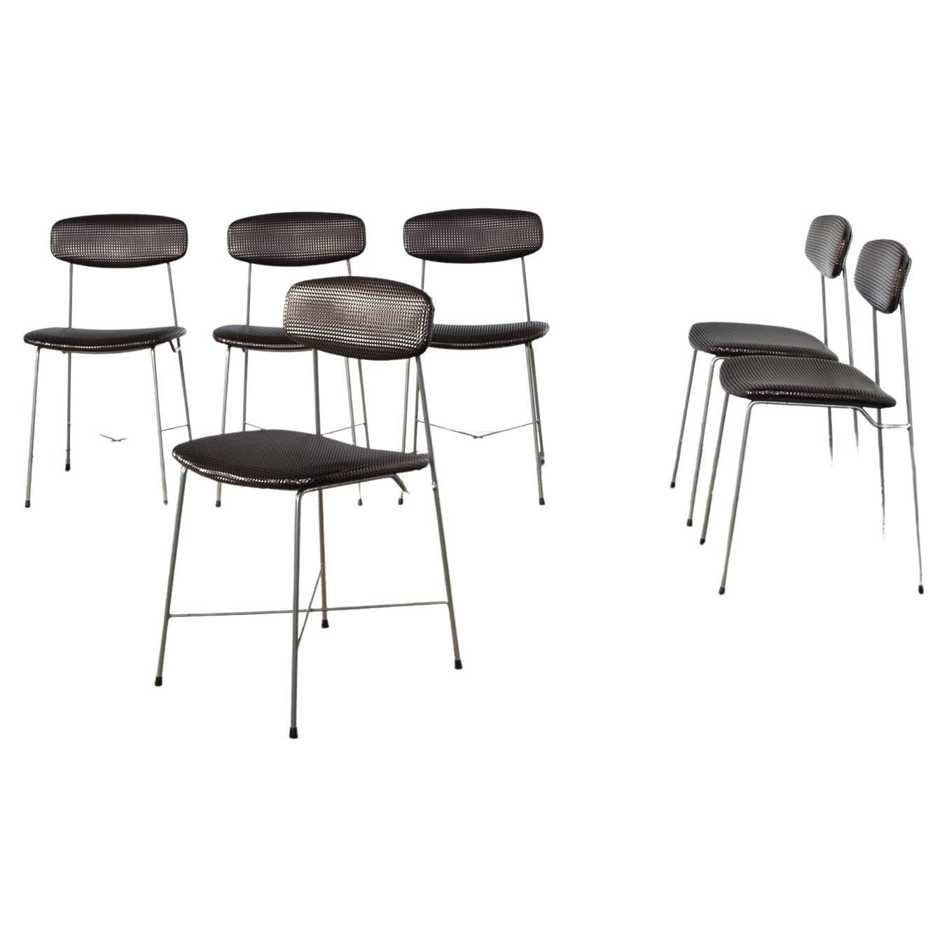 Set di sei sedie con struttura in ferro curvato e sedile in tessuto sintetico di Georges Coslin produzione Faram anni '60

.