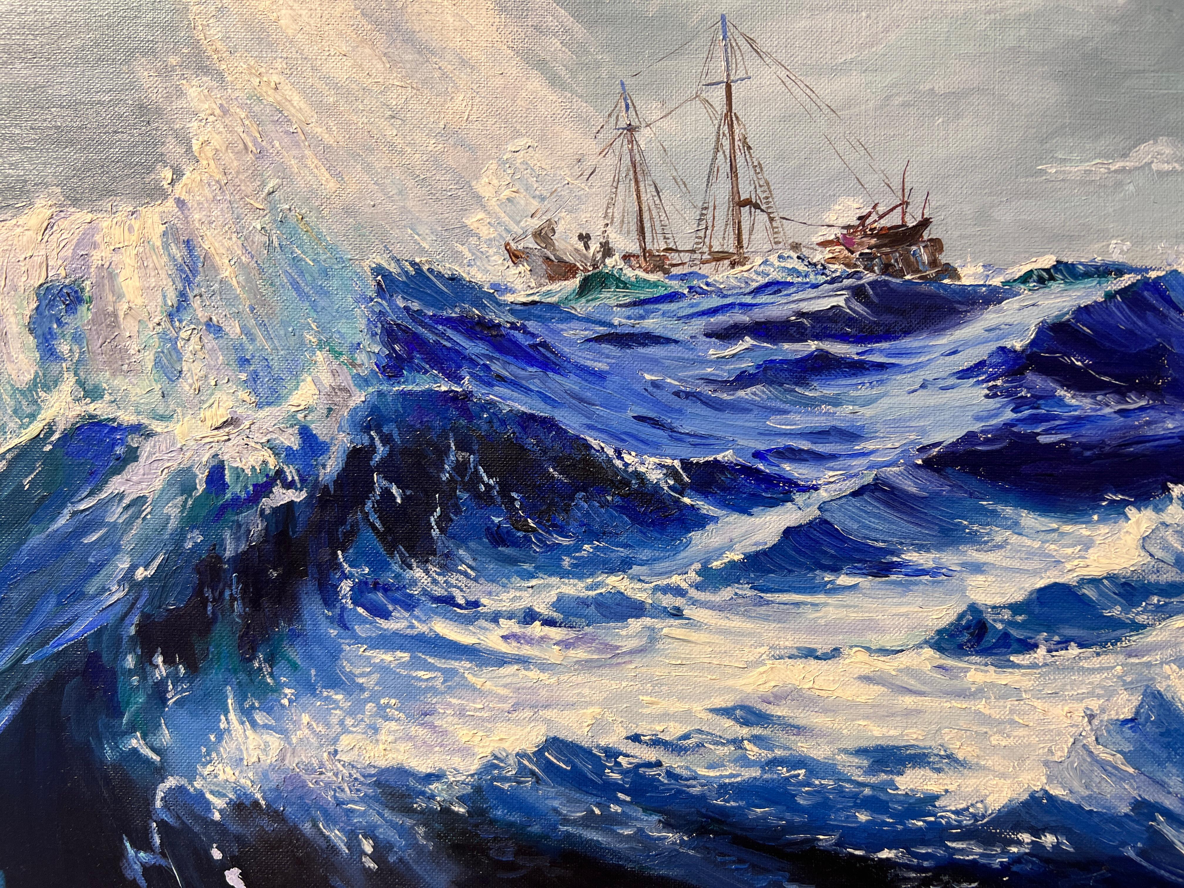George Cotto Original  peinture à l'huile sur carton, paysage marin, voilier sur la mer en vente 2