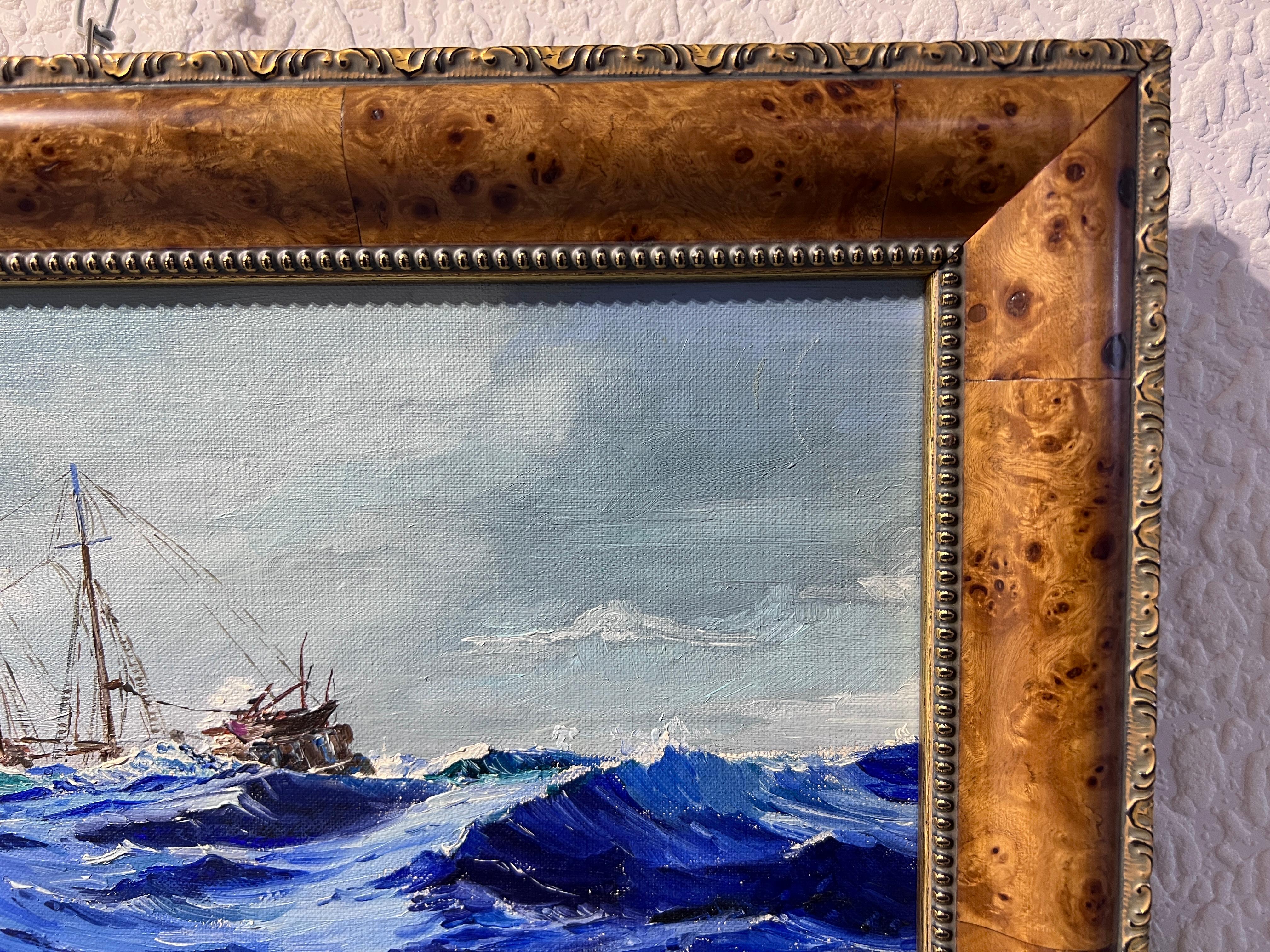 George Cotto Original  oil painting on board, seascape, Sailing ship on the Sea For Sale 5