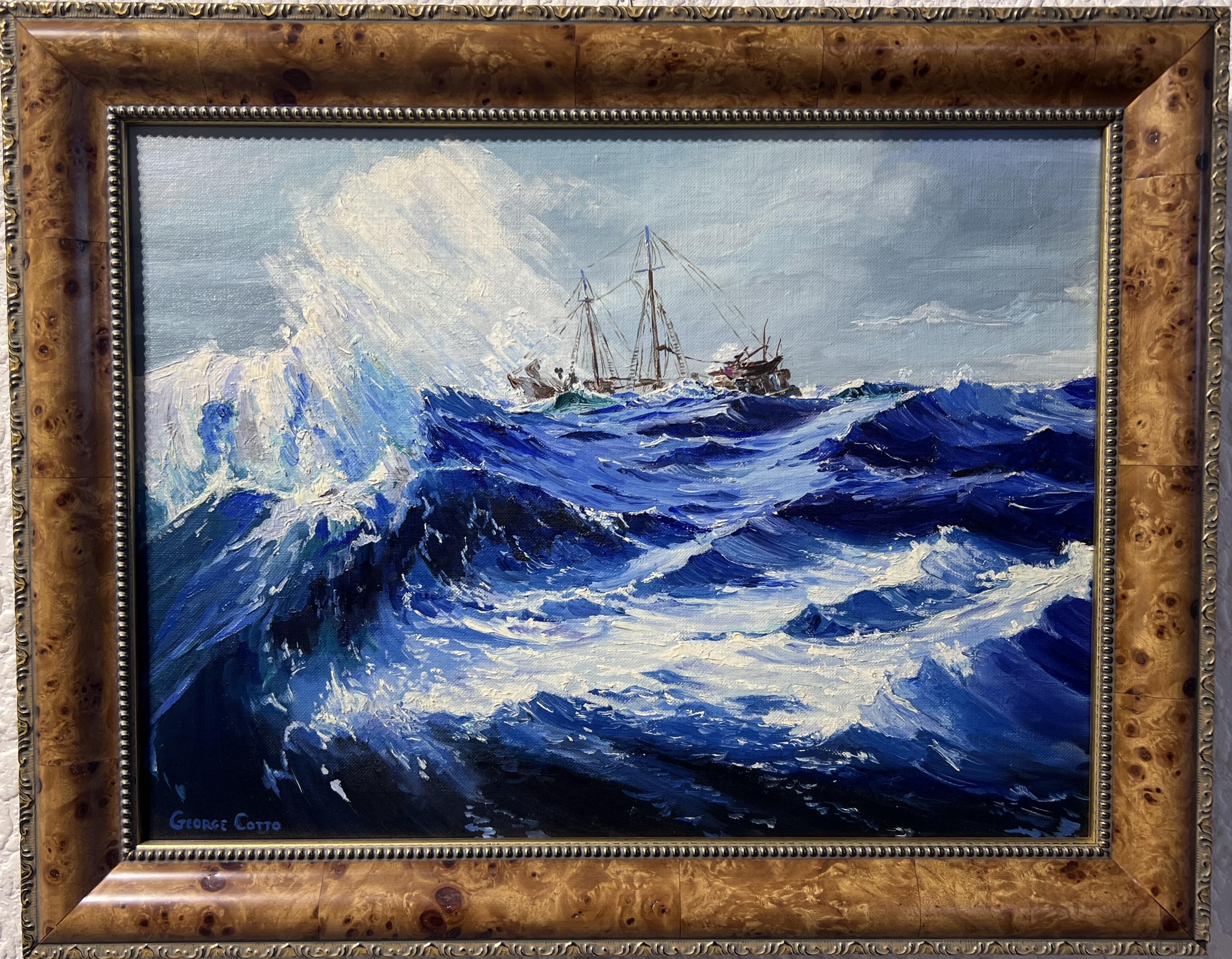 Il s'agit d'une peinture à l'huile originale sur toile représentant  Navires à voile sur l'océan déchaîné. 

Le cadre mesure 19" x 15" et la peinture mesure 16" x 12". 

Joliment encadré. Bon état.
Veuillez voir les photos, les photos font partie de
