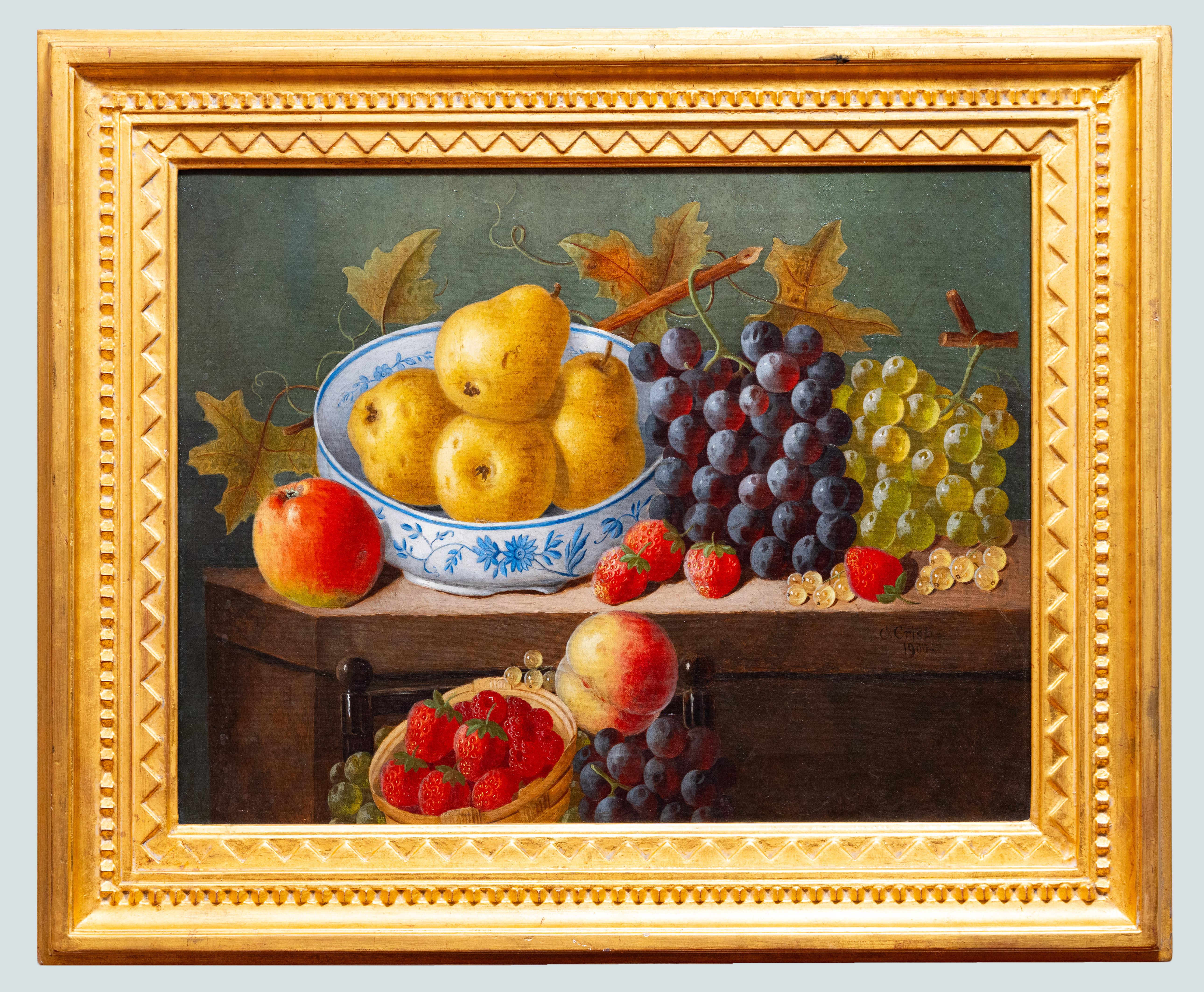 George Crisp Still-Life Painting – Stillleben mit Früchten, Erdbeeren, Erdbeerbeeren, Trauben und Pfirsichen, 20. Jahrhundert