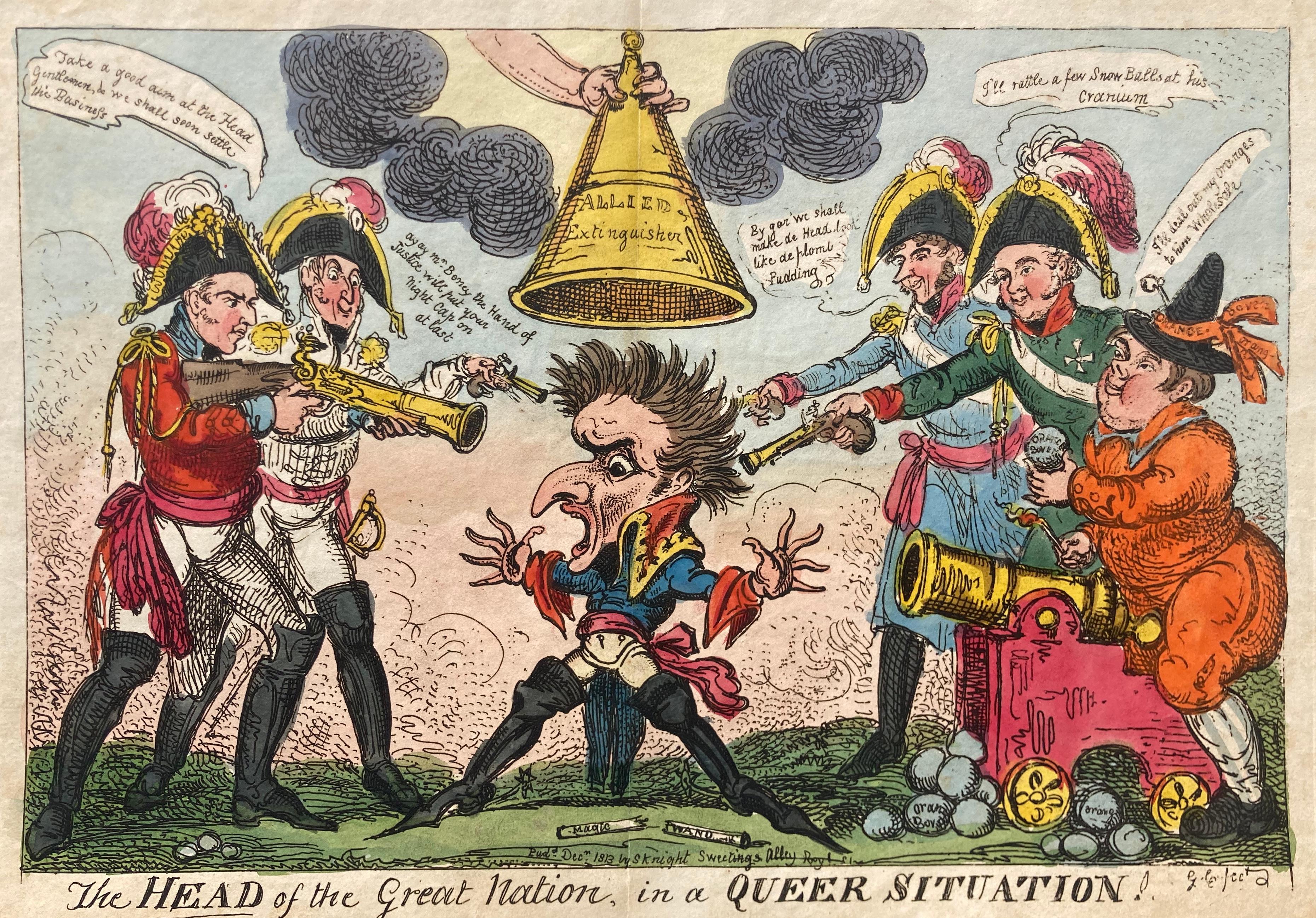 George Cruikshank Figurative Print - HEAD OF A GREAT NATION IN A QUEER SITUATION (Napoleon)