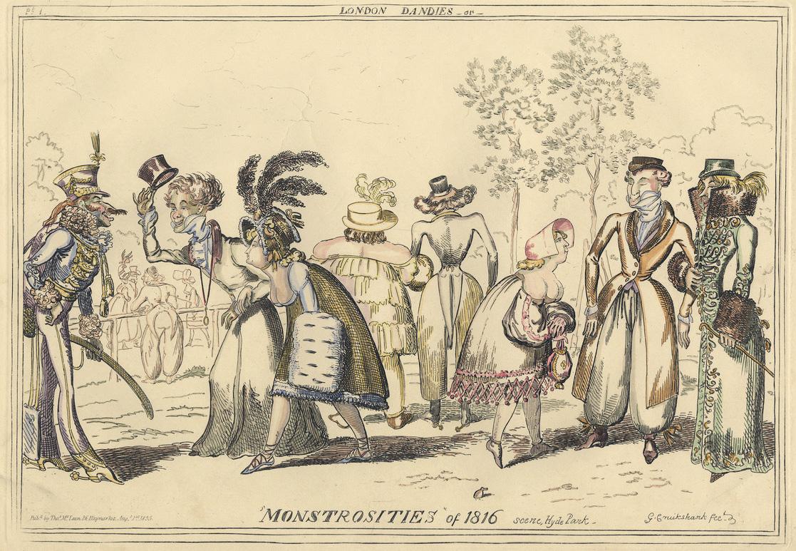 George Cruikshank Figurative Print – London: „Dandies-or-Monstrosities of 1816“, Szene, Hyde Park, von Monstrosities