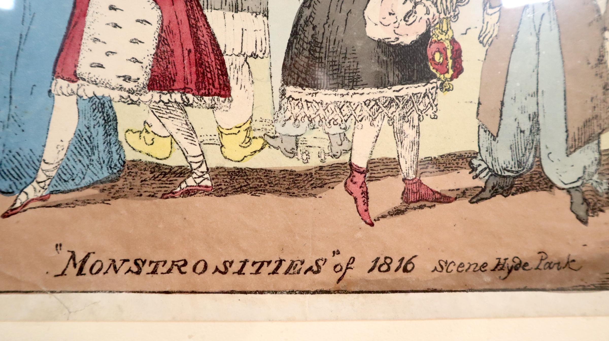 Etching with hand coloring designed by George Cruikshank (1792-1878, British).
One in a series of eight prints by George Cruikshank satirizing fashions of early nineteenth-century London. 
Image: 9 3/4 x 13 1/2 inches; frame: 16 x 20 inches.
Public