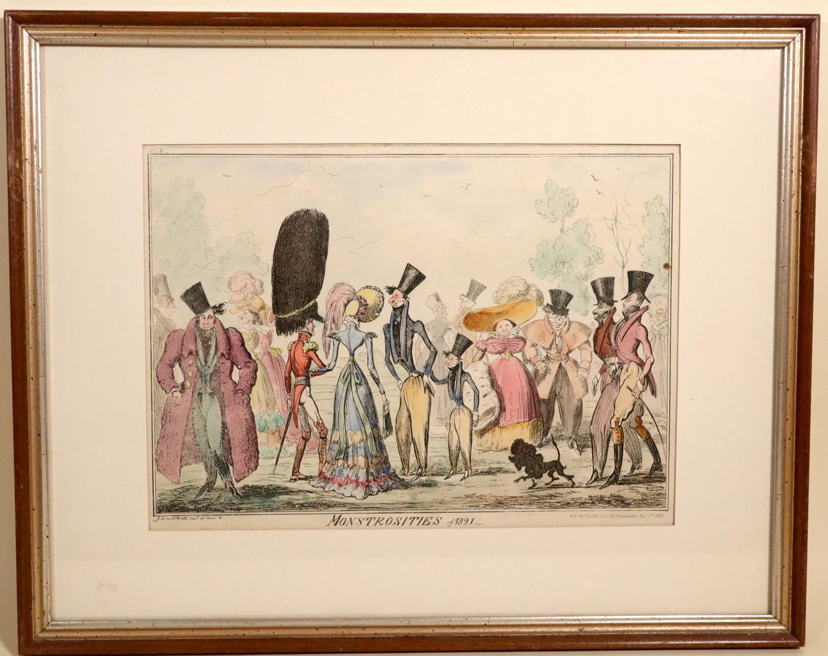 Monstrosities of 1821 etching with hand coloring urban satire pub 1835 For Sale 3