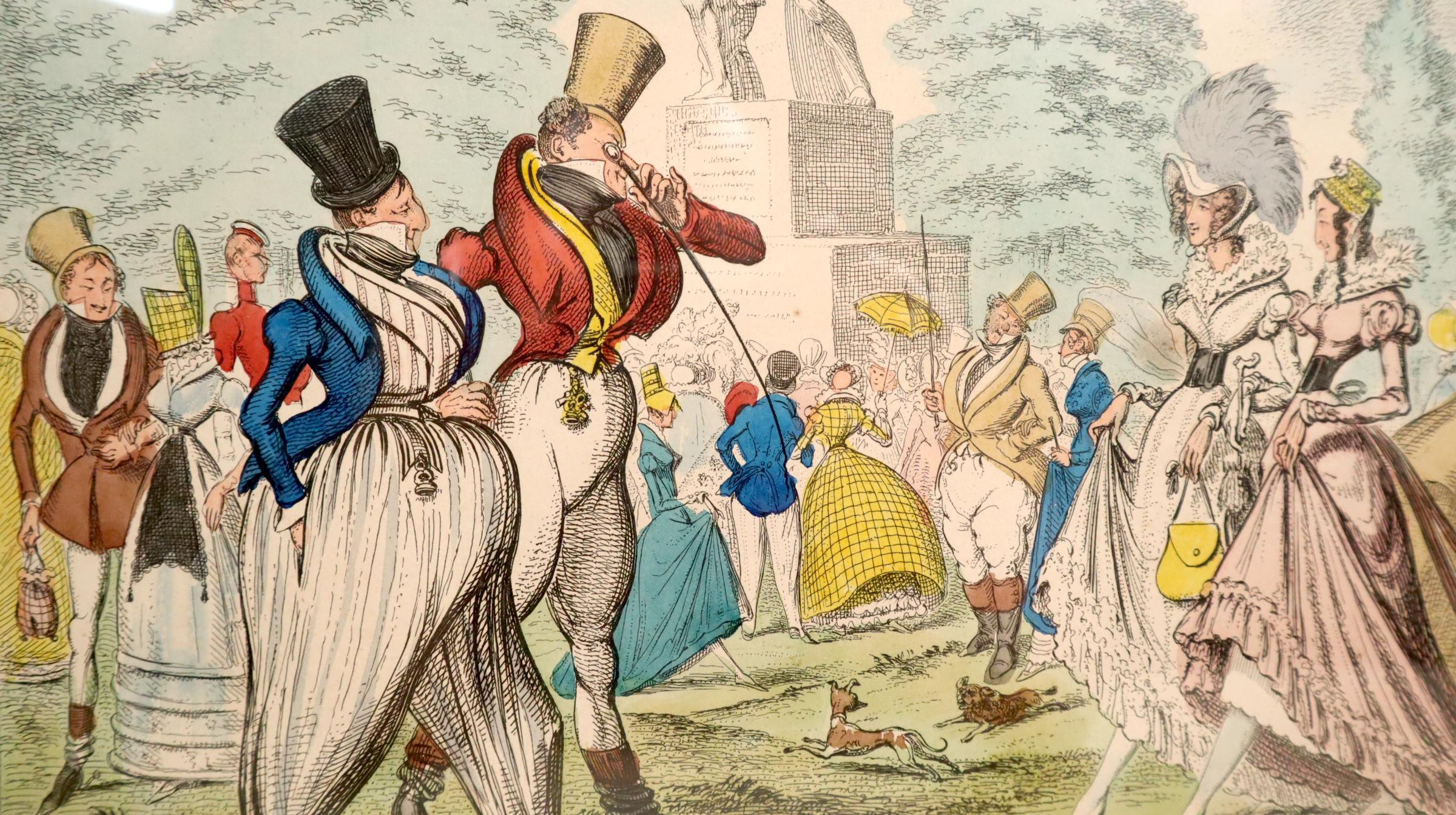 Monstrosities of 1822 designed by Cruikshank urban fashion satire hand colored - Print by George Cruikshank